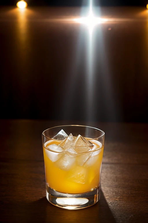 a fascinating cocktail highlighting a remarkable Tyndall effect, where light diffuses through the ice cubes and ingredients, creating a luminous and magical ambiance