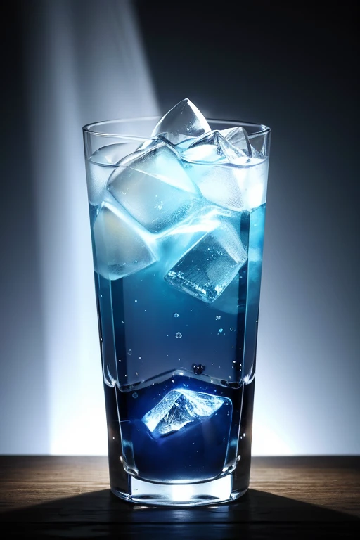 a fascinating cocktail highlighting a remarkable Tyndall effect, where light diffuses through the ice cubes and ingredients, creating a luminous and magical ambiance