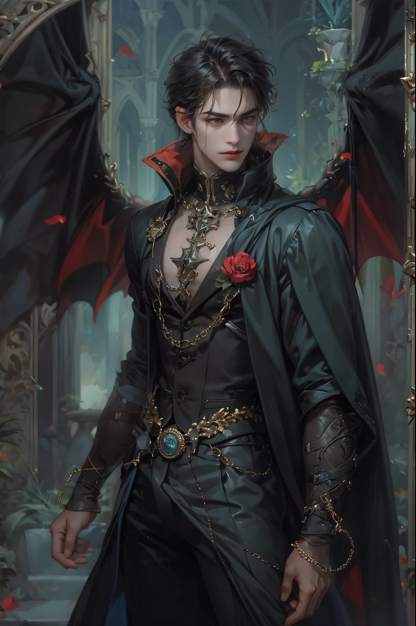 ((Best quality)), ((masterpiece)), (detailed), ((perfect face)), ((halfbody)) handsome face, male, teen boy,  perfect proportions , a male character hero from vampire saviour comics in a gnostic outfit, succubus, incubus, vampire, dark cape, dark castle, detailed scenery background 