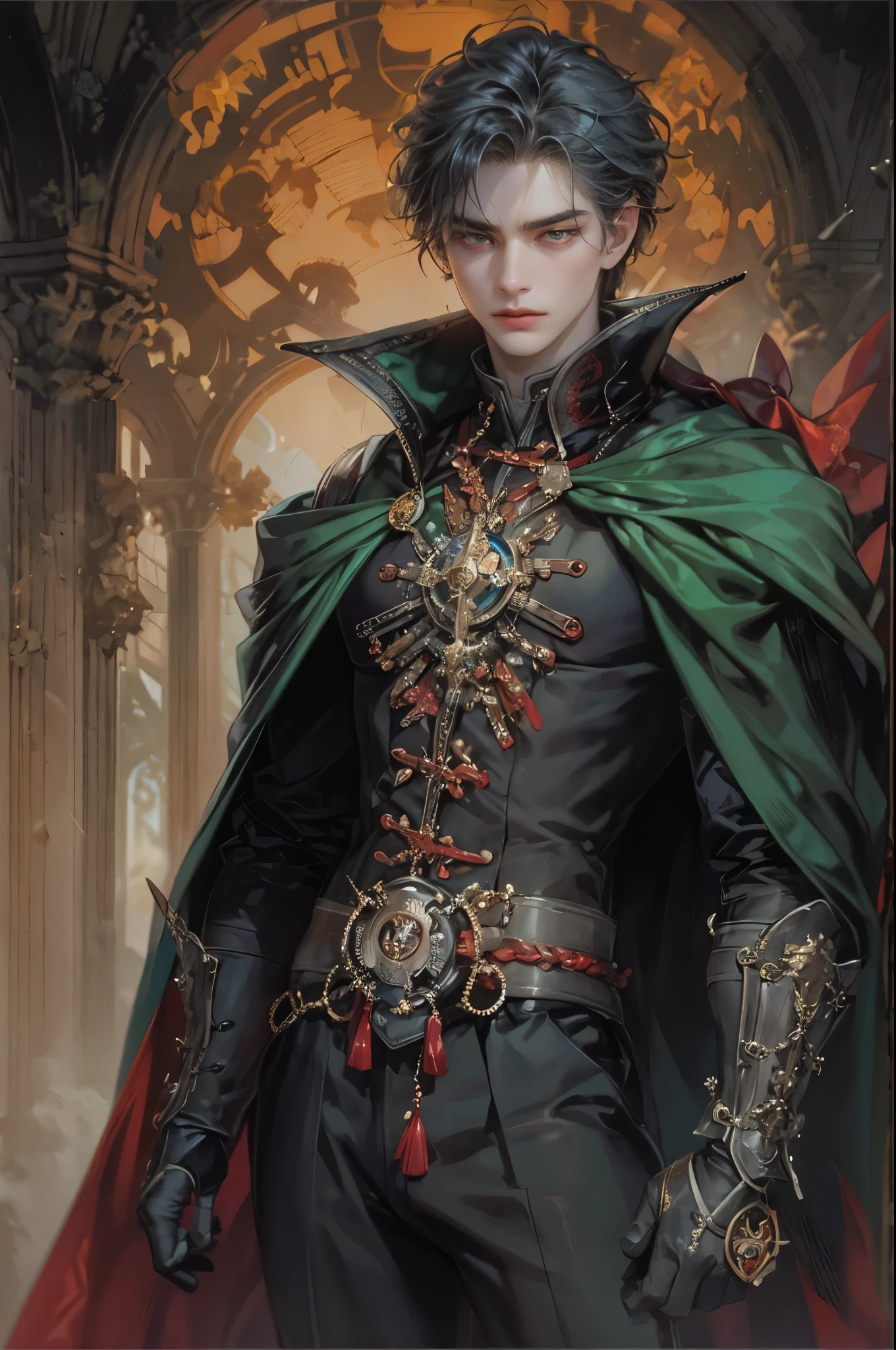 ((Best quality)), ((masterpiece)), (detailed), ((perfect face)), ((halfbody)) handsome face, male, teen boy, perfect proportions , a male character hero from vampire saviour comics in a gnostic outfit, succubus, incubus, vampire, dark cape, dark castle, detailed scenery background