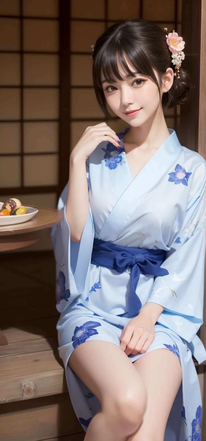table top, highest quality, super detailed, finely, High resolution, 8k wallpaper, perfect dynamic composition, detailed and beautiful eyes, (yukata、hair ornaments:1.2)、Woman in yukata、Make both ears look beautiful、Makes your collarbone look beautiful。、short hair、natural color lip, pose of temptation,smile,night、traditional japanese room、Summer festival、 lanthanum、28 year old girl、cute、looking at camera、attractive, thin waist、small ass、pose of temptation、Emphasize slenderness、beautiful feet、beautiful feetで誘惑、いたずらなsmile、