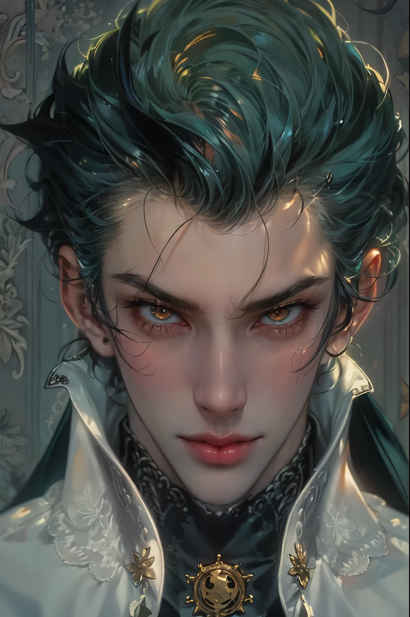 ((Best quality)), ((masterpiece)), (detailed), ((perfect face)), ((halfbody)) handsome face, male, teen boy, perfect proportions , a male character hero from vampire saviour comics in a gnostic outfit, succubus, incubus, vampire, dark cape, dark castle, detailed scenery background