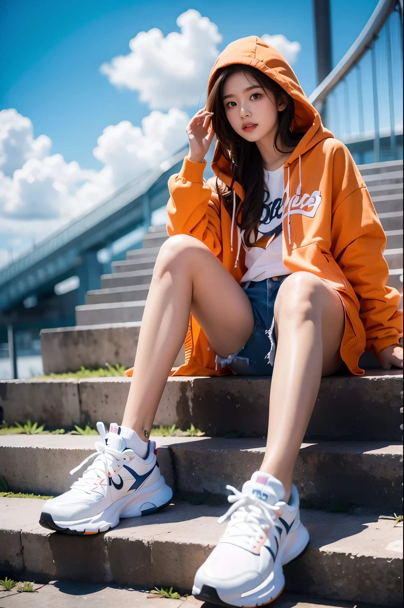 1girl,blue sky,blurry background,building,city,cloud,cloudy sky,day,depth of field,hood,hooded jacket,hoodie,jacket,side,Orange Hoodie,Looking up,Shoes close to the camera,From below,full body,lips,long sleeves,looking at viewer,motion blur,outdoors,parted lips,railing,shoes,shorts,sitting,sky,sneakers,solo,stairs