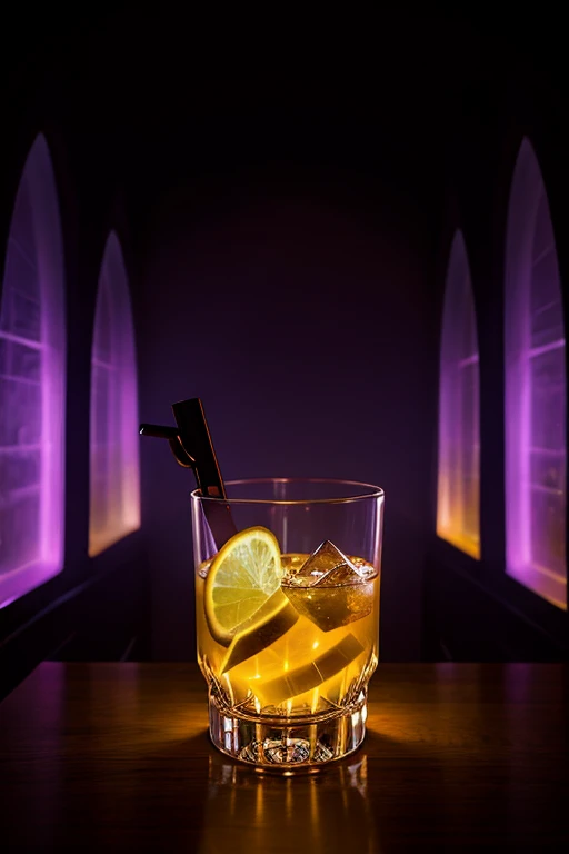 an enchanting cocktail featuring a remarkable Tyndall effect, where light dances through the different layers, illuminating the glass with a mystical and elegant glow