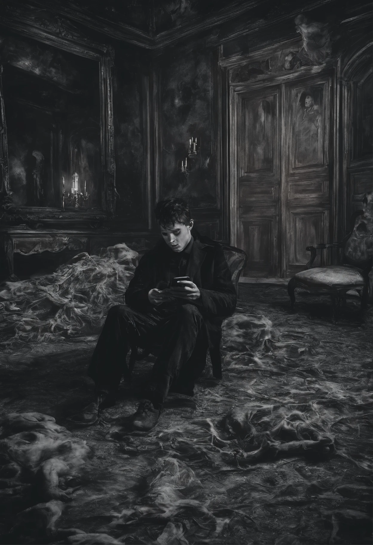 Gothic normal haired young men with aesthetic chain jewellery is laying on the floor outside in a abandoned mansion with black and white background