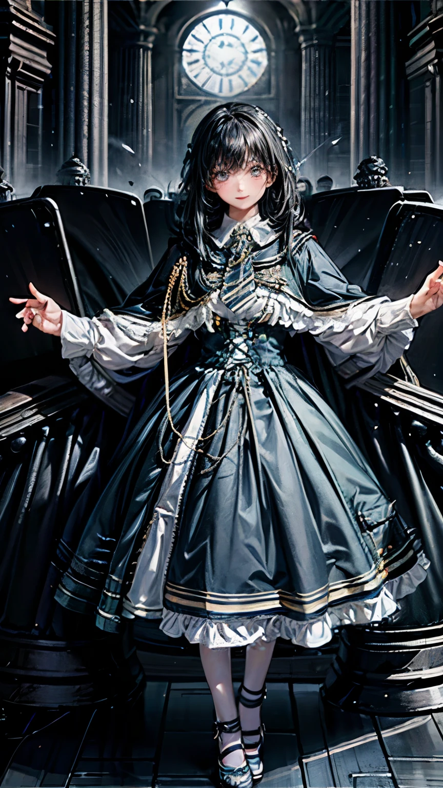 Aim from a little above,masterpiece, confused, incredibly confused, very detailed, highest quality, costume,dark blue dress, have, knee high, whole body, 1 girl, alone, black hair, light smile, looking at the viewer, detailed background, Are standing, at the castle, night, dramatic lighting,