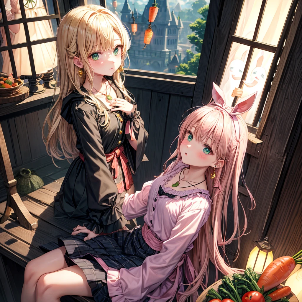 pink blonde、green eyes、one good looking girl、solo、anime、plaid mini skirt、the skirt has buttons、black camisole、black t-shirt、dress、wearing a ribbon、ribbon at waist、cloak、hood、clouds are swirling、stone slabs are piled up、one hand raised、crystal earrings、vegetable garden、monster castle、ceiling、golden key、jewelry necklace、Light and shadow、window、Hundreds of Ghosts at Night、lantern、sitting、legs crossed、mirror、Carrot、asparagus、tomato、green pepper、tunnel、Clock