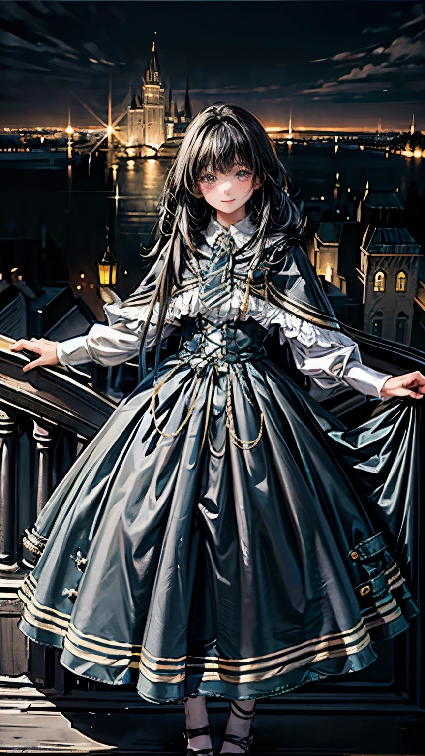 Aim from a little above,masterpiece, confused, incredibly confused, very detailed, highest quality, costume,dark blue dress, have, knee high, whole body, 1 girl, alone, black hair, light smile, looking at the viewer, detailed background, Are standing, at the castle, night, dramatic lighting,