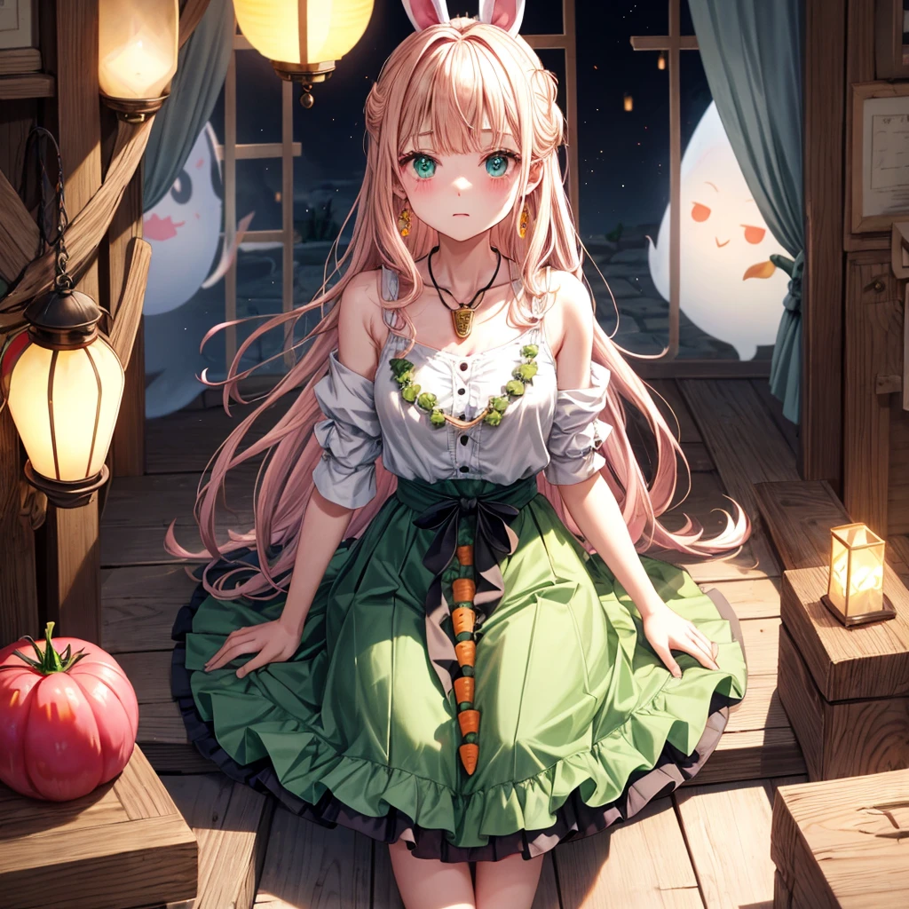 pink blonde、green eyes、one good looking girl、solo、anime、plaid mini skirt、the skirt has buttons、black camisole、black t-shirt、dress、wearing a ribbon、ribbon at waist、cloak、hood、clouds are swirling、stone slabs are piled up、one hand raised、crystal earrings、vegetable garden、monster castle、ceiling、golden key、jewelry necklace、Light and shadow、window、Hundreds of Ghosts at Night、lantern、sitting、legs crossed、mirror、Carrot、asparagus、tomato、green pepper、tunnel、Clock