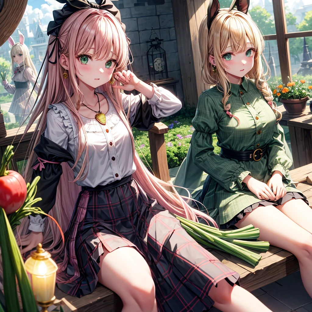 pink blonde、green eyes、one good looking girl、solo、anime、plaid mini skirt、the skirt has buttons、black camisole、black t-shirt、dress、wearing a ribbon、ribbon at waist、cloak、hood、clouds are swirling、stone slabs are piled up、one hand raised、crystal earrings、vegetable garden、monster castle、ceiling、golden key、jewelry necklace、Light and shadow、window、Hundreds of Ghosts at Night、lantern、sitting、legs crossed、mirror、Carrot、asparagus、tomato、green pepper、tunnel、Clock