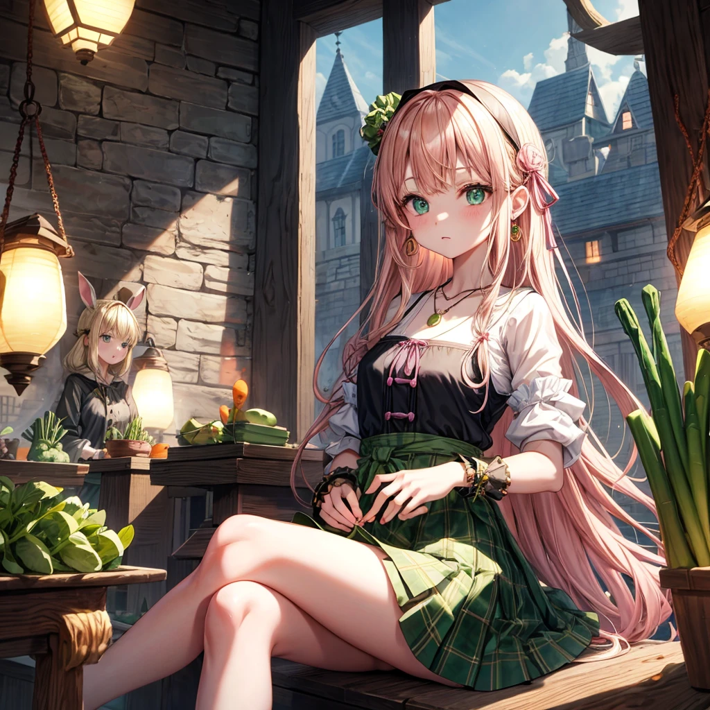 pink blonde、green eyes、one good looking girl、solo、anime、plaid mini skirt、the skirt has buttons、black camisole、black t-shirt、dress、wearing a ribbon、ribbon at waist、cloak、hood、clouds are swirling、stone slabs are piled up、one hand raised、crystal earrings、vegetable garden、monster castle、ceiling、golden key、jewelry necklace、Light and shadow、window、Hundreds of Ghosts at Night、lantern、sitting、legs crossed、mirror、Carrot、asparagus、tomato、green pepper、tunnel、Clock