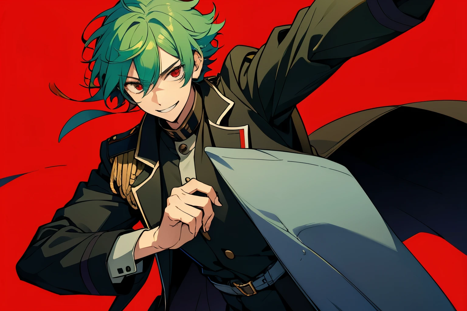 1 boy, red eyes, green hair, gray coat, smiling, handsome , black uniform 