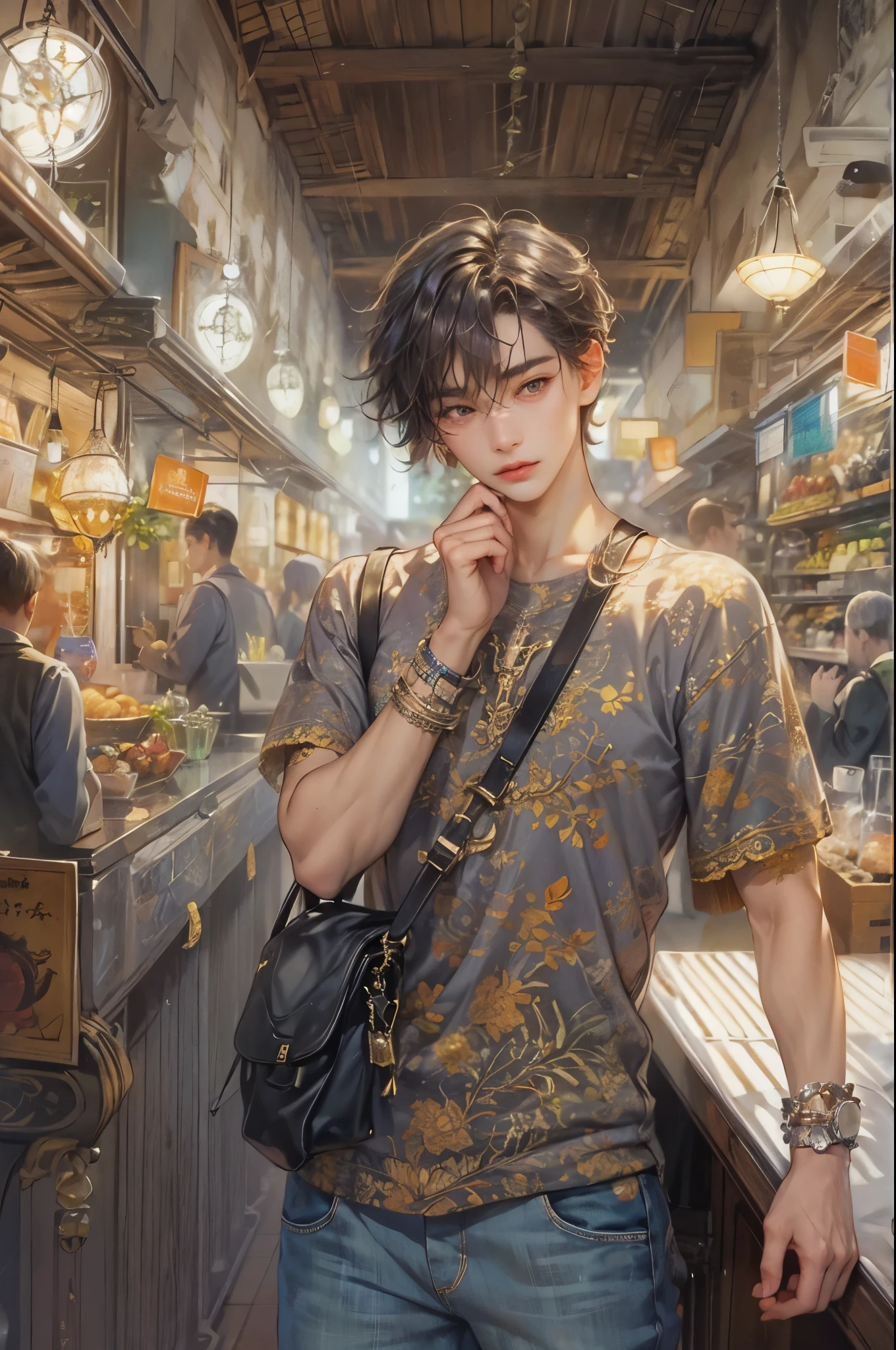 ((Best quality)), ((masterpiece)), (detailed), ((perfect face)), ((halfbody)) handsome face, male, teen boy,  perfect proportions , an artwork created by nardack, casual outfit, detailed market interior scenery background 