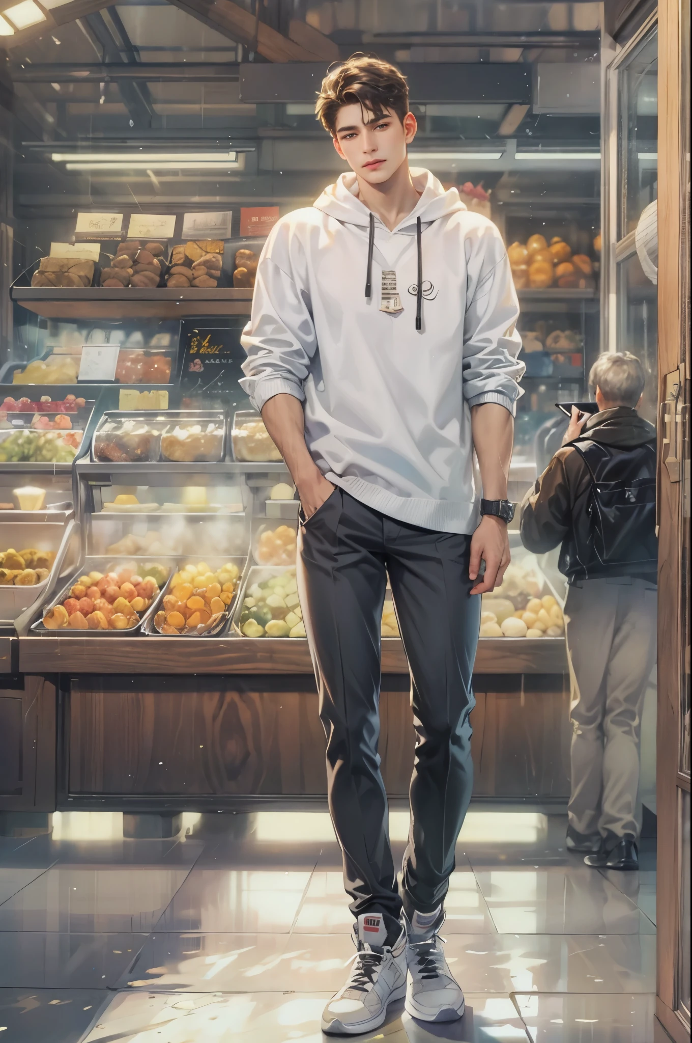 ((Best quality)), ((masterpiece)), (detailed), ((perfect face)), ((halfbody)) handsome face, male, teen boy,  perfect proportions , an artwork created by nardack, casual outfit, detailed market interior scenery background 