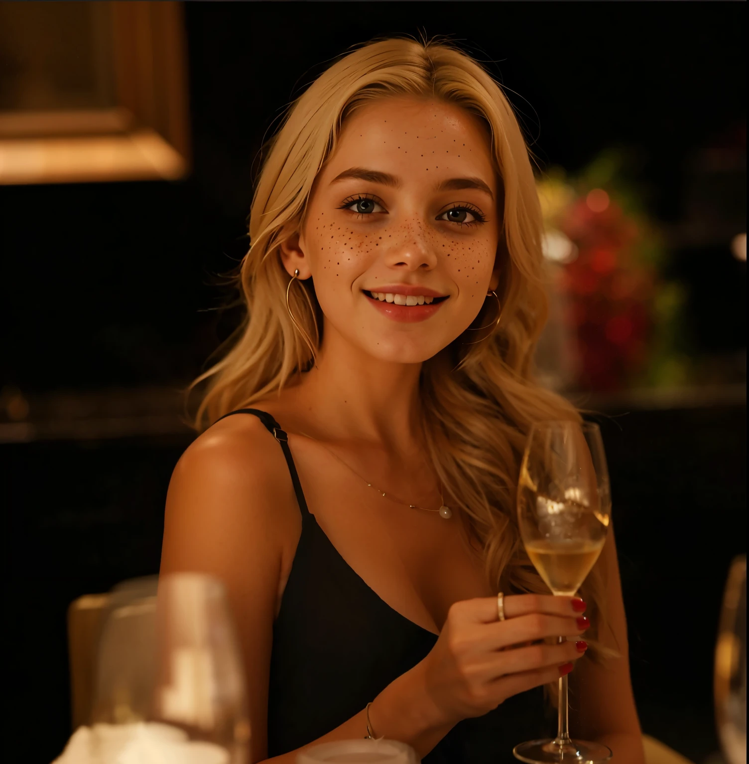 mulher, americana, 25 anos, pale skin and freckles, olhos cinzas, nariz delicado, soft and delicate lips, longo, cabelo blondie longo e ondulado na altura da cintura, sorriso meigo, Face of delicate features, olhar soslaio apaixonada
