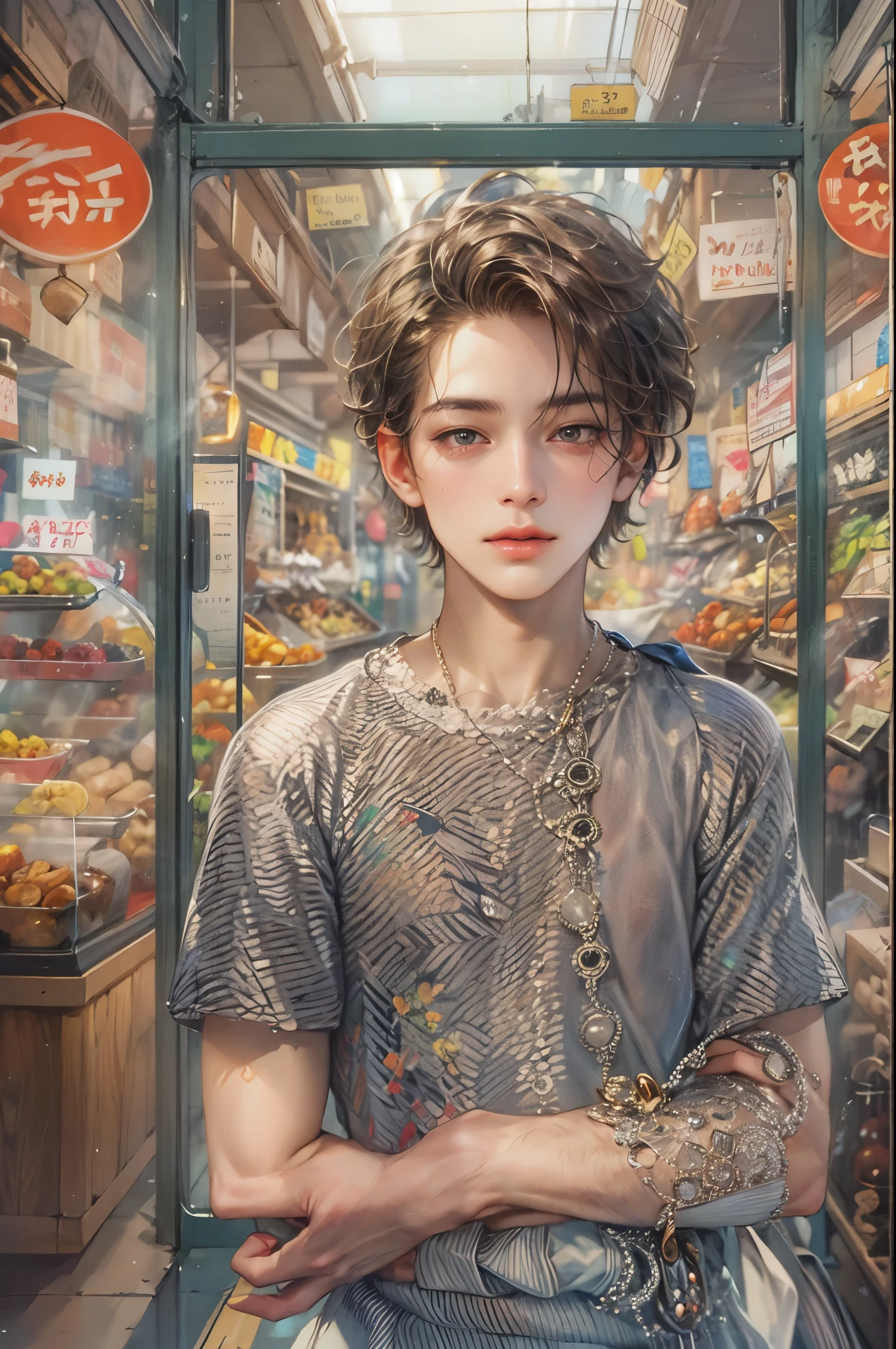 ((Best quality)), ((masterpiece)), (detailed), ((perfect face)), ((halfbody)) handsome face, male, teen boy,  perfect proportions , an artwork created by nardack, casual outfit, detailed market interior scenery background 