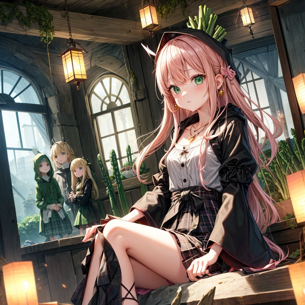 pink blonde、green eyes、one good looking girl、solo、anime、plaid mini skirt、the skirt has buttons、black camisole、black t-shirt、dress、wearing a ribbon、ribbon at waist、cloak、hood、clouds are swirling、stone slabs are piled up、one hand raised、crystal earrings、vegetable garden、monster castle、ceiling、golden key、jewelry necklace、Light and shadow、window、Hundreds of Ghosts at Night、lantern、sitting、legs crossed、mirror、Carrot、asparagus、tomato、green pepper、tunnel、clock