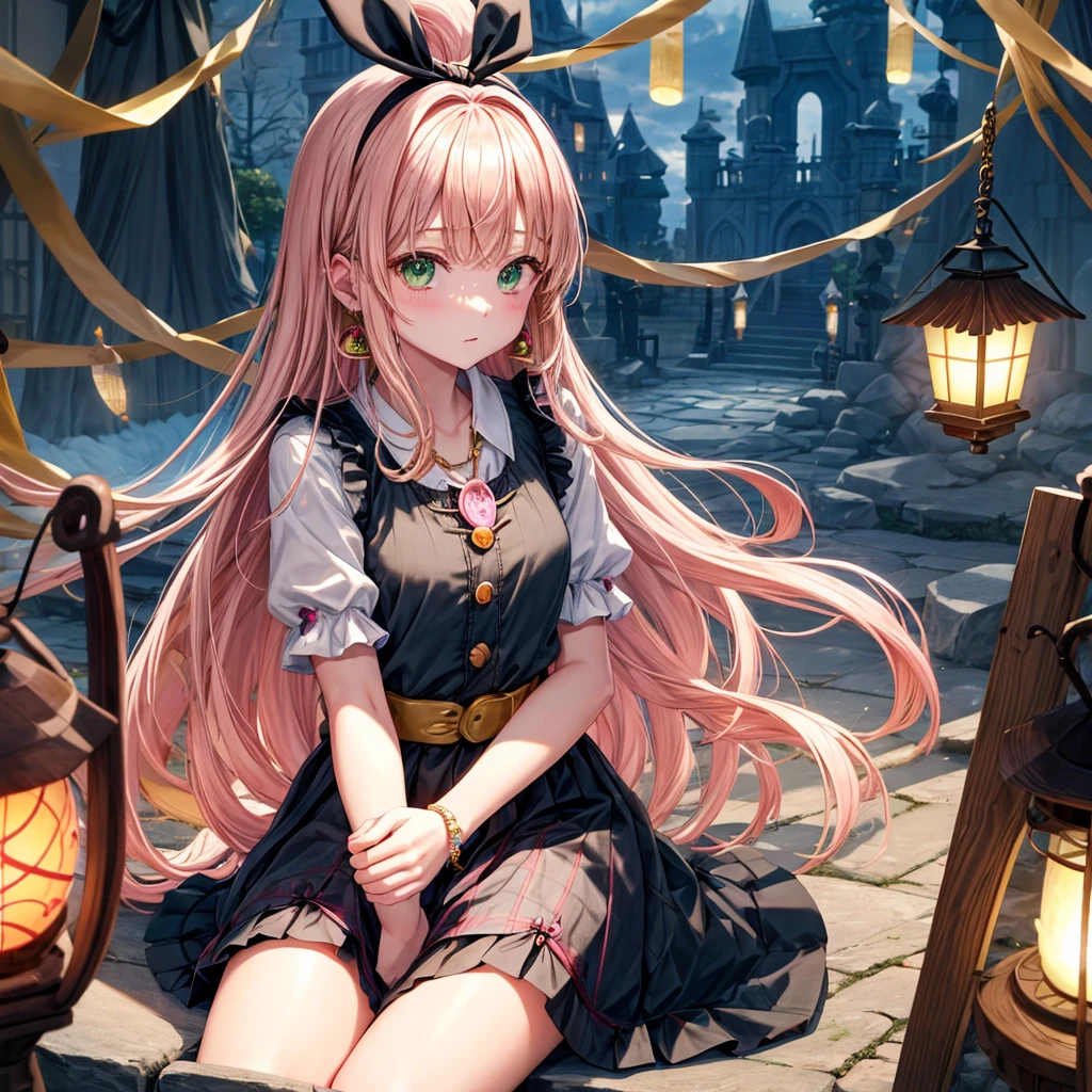 pink blonde、green eyes、one good looking girl、solo、anime、plaid mini skirt、the skirt has buttons、black camisole、black t-shirt、dress、wearing a ribbon、ribbon at waist、cloak、hood、clouds are swirling、stone slabs are piled up、one hand raised、crystal earrings、vegetable garden、monster castle、ceiling、golden key、jewelry necklace、Light and shadow、window、Hundreds of Ghosts at Night、lantern、sitting、legs crossed、mirror、Carrot、asparagus、tomato、green pepper、tunnel、clock