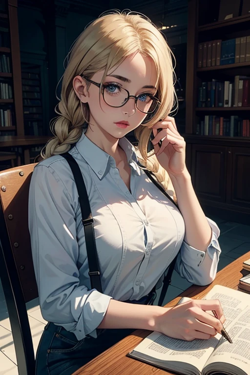 Solo, 1girl, masterpiece, best quality, extremly detailed, Cinematic lighting, intricate detail, highres, official art, finely detailed beautiful face and eyes, high resolution illustration, 8k, dark intense shadows, overexposure, [blonde hair/brown hair], single braid, blue eyes, glasses, smug, sitting on chair, upper body, large breasts, unbuttoned shirt, yellow suspenders, book_stack, library, ((vine)), rose, looking at the viewer