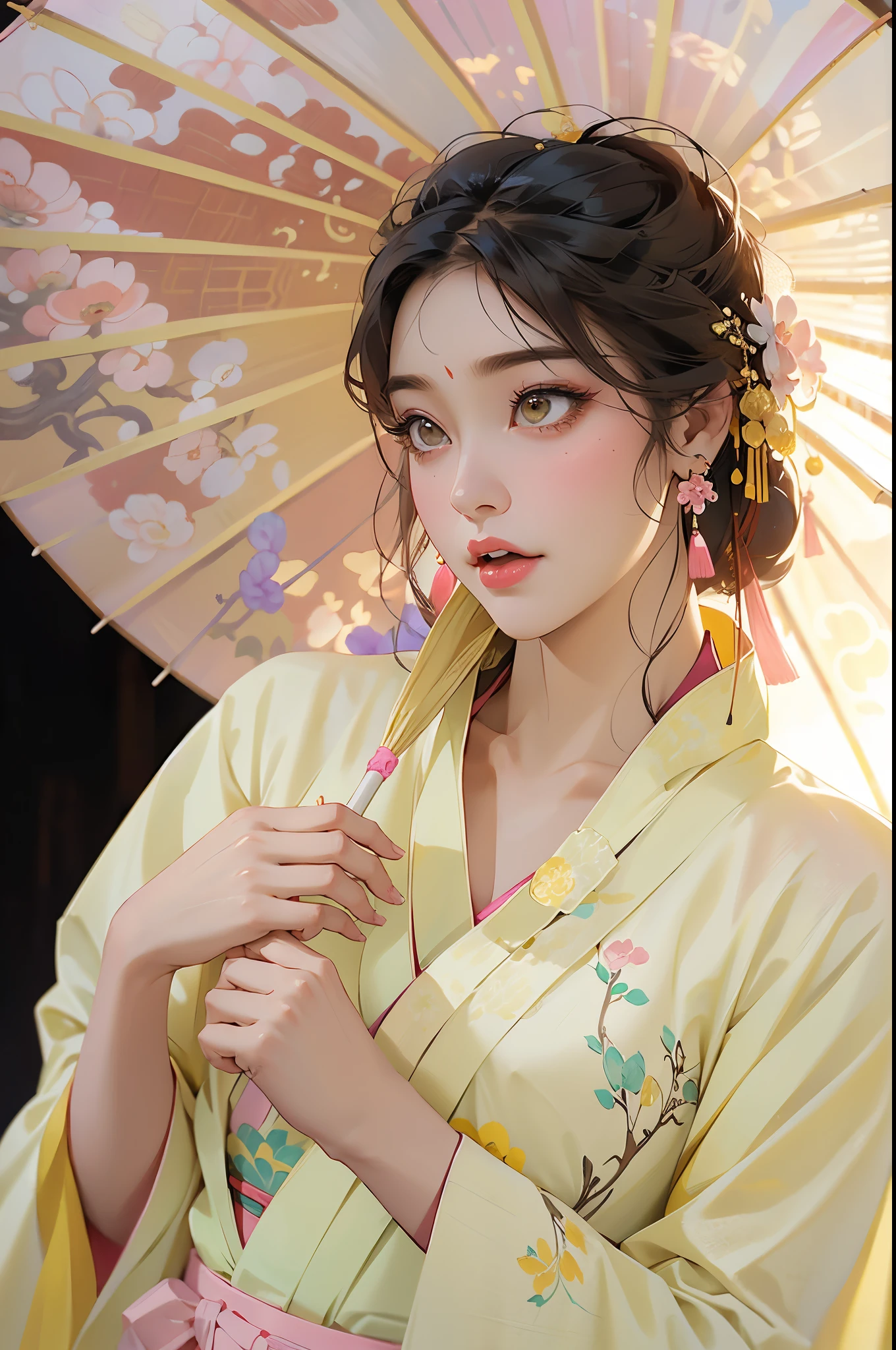(araffe woman in a yellow hanfu with a pink umbrella, :1.5),Masterpiece, best quality,(Chinese style:1.3), (Hanfu:1.5),ahigh-definition,top quality,official art