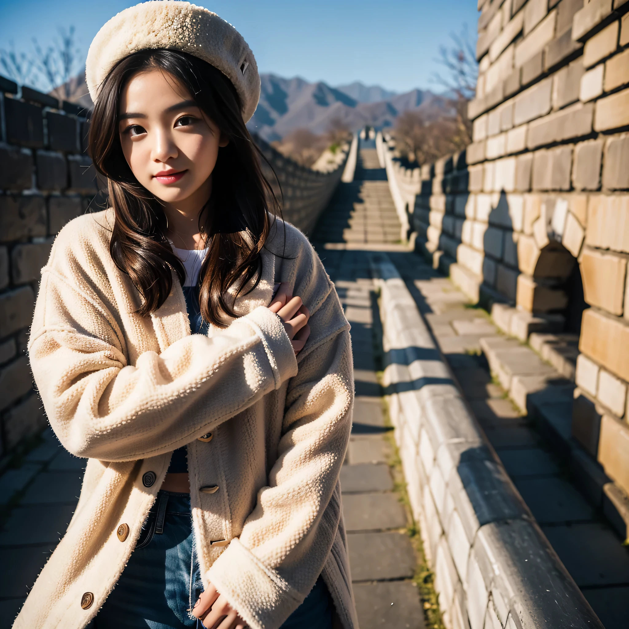 TYPE : Beauty Photography
THEME : nature
RACE : Indonesian, young
PERSON 1 : Early 20s, woman
SCENE : outdoor , standing on the great wall of china ,  creating an beauty atmosphere , wind blowing effect, beautiful and cute expression , cute pose .smile at camera 
PROPS: : great wall of china, blue sky , wearing a warm coat jacket and warm wool hat, wind blow 
CAMERA : photographed using an Canon eos 90d DSLR camera with 18-135mm lens , detail skin texture , detailed face , close up , low exposure
ANGLE : High Dynamic Range (HDR) shot
