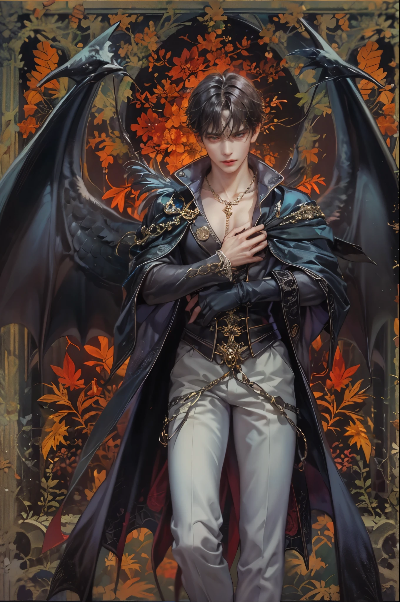 ((Best quality)), ((masterpiece)), (detailed), ((perfect face)), ((halfbody)) handsome face, male, boy, perfect proportions , a male character hero from vampire saviour comics in a gnostic outfit, succubus, incubus, vampire, dark cape, dark castle, detailed scenery background