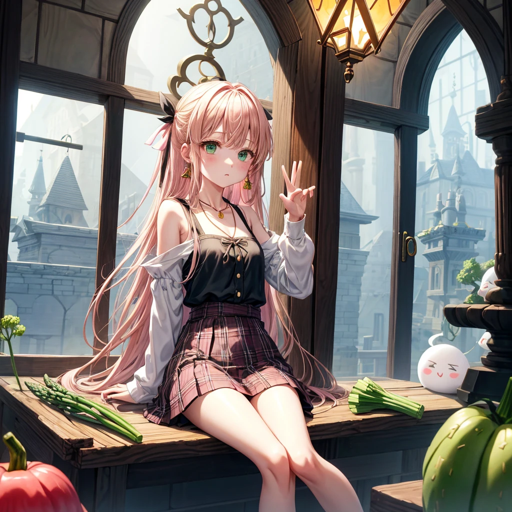 pink blonde、green eyes、one good looking girl、solo、anime、plaid mini skirt、the skirt has buttons、black camisole、black t-shirt、dress、wearing a ribbon、ribbon at waist、cloak、hood、clouds are swirling、stone slabs are piled up、one hand raised、crystal earrings、vegetable garden、monster castle、ceiling、golden key、jewelry necklace、Light and shadow、window、Hundreds of Ghosts at Night、lantern、sitting、legs crossed、mirror、Carrot、asparagus、tomato、green pepper、tunnel、clock、Stuck in the wall