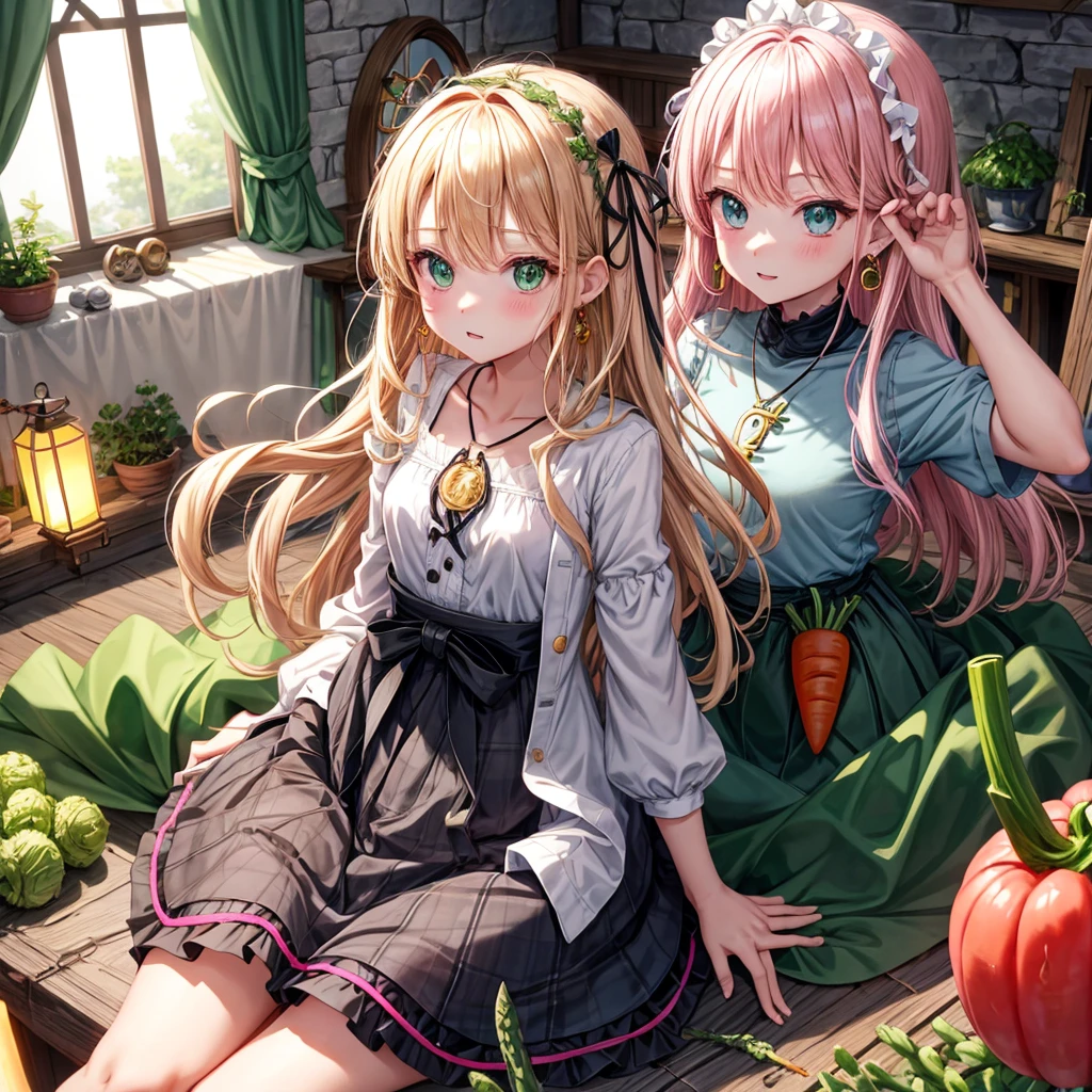 pink blonde、green eyes、one good looking girl、solo、anime、plaid mini skirt、the skirt has buttons、black camisole、black t-shirt、dress、wearing a ribbon、ribbon at waist、cloak、hood、clouds are swirling、stone slabs are piled up、one hand raised、crystal earrings、vegetable garden、monster castle、ceiling、golden key、jewelry necklace、Light and shadow、window、Hundreds of Ghosts at Night、lantern、sitting、legs crossed、mirror、Carrot、asparagus、tomato、green pepper、tunnel、clock、Stuck in the wall