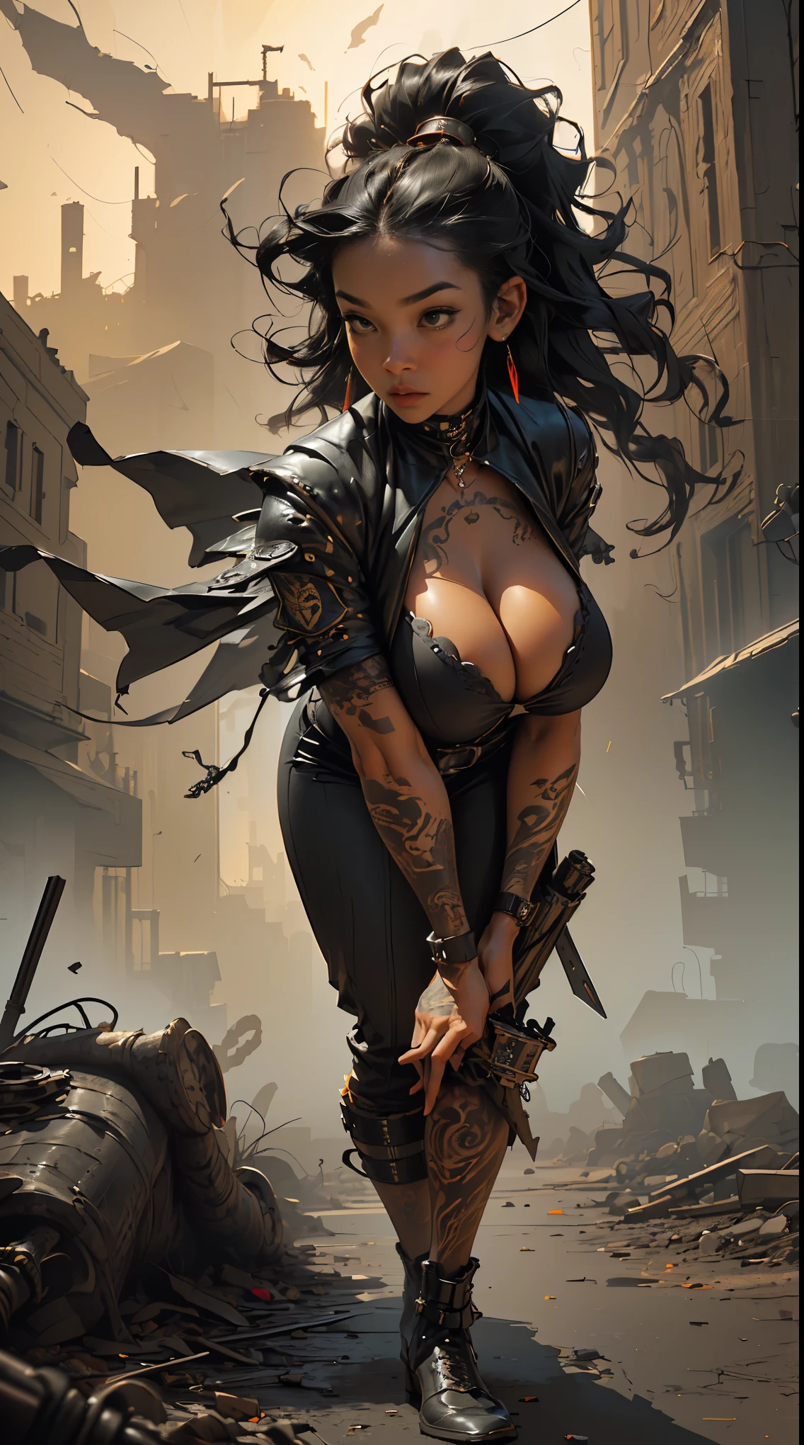 ((21-year-old))) black girl, (((very dark african skin, steampunk))), (((close up pov full body portrait, sexy seductive slutty pose, ((accentuated super huge enormously gigantic tits, cleavage showing))), (((very long wavy curly black hair))), (((wearing highly detailed post apocalyptic steampunk tactical battle gear, tons of tattoos and piercings))), lots of african tribal tattoo sleeves, dark fantasy art, post apocalyptic art, Rich, Deep Colours, (intricate details:0.9), (HDR, hyper-detailing:1.2), (natural dark african skin textures, hyper realisitc, anime realistic, light, Sharp), post apocalyptic steampunk city background