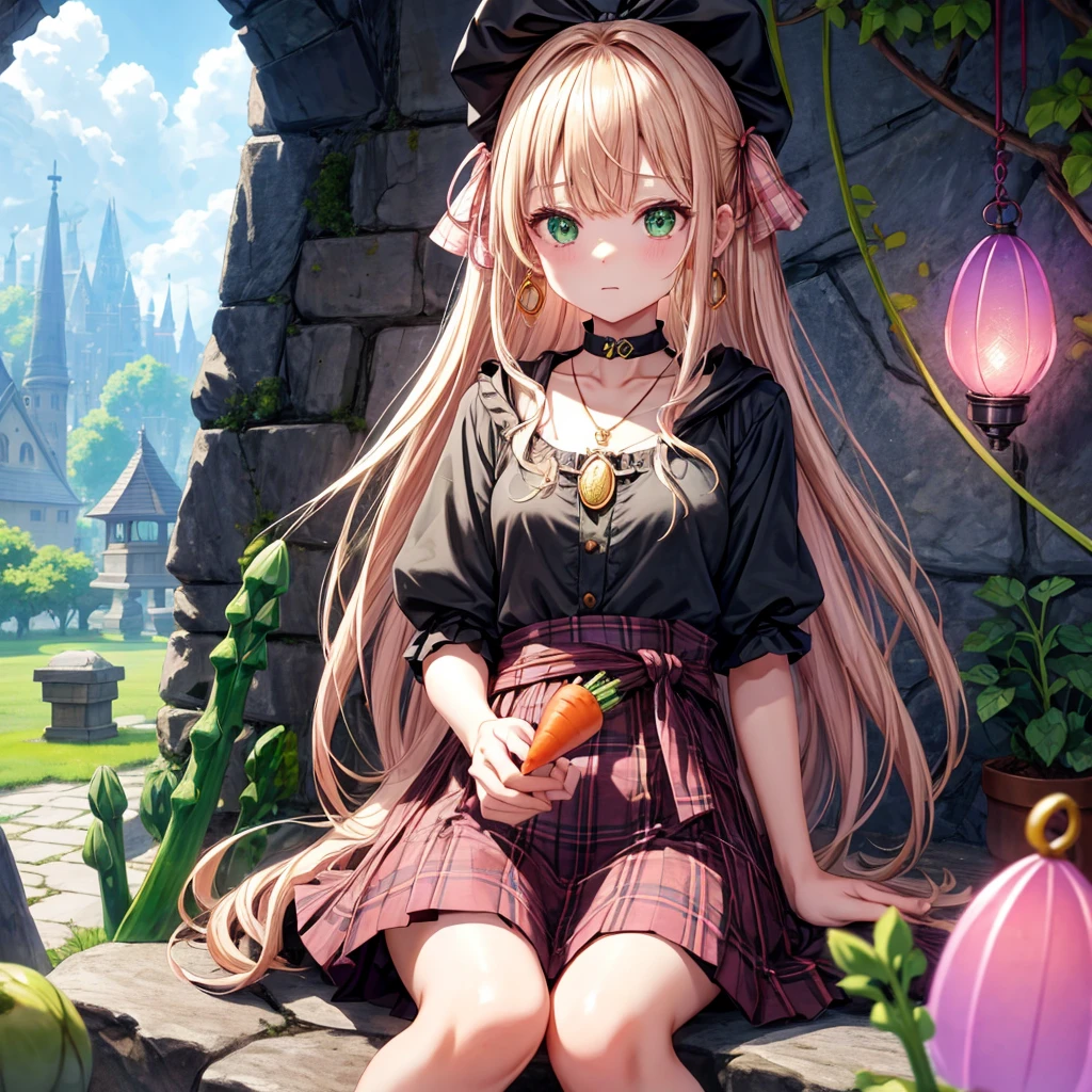 pink blonde、green eyes、one good looking girl、solo、anime、plaid mini skirt、the skirt has buttons、black camisole、black t-shirt、dress、wearing a ribbon、ribbon at waist、cloak、hood、clouds are swirling、stone slabs are piled up、one hand raised、crystal earrings、vegetable garden、monster castle、ceiling、golden key、jewelry necklace、Light and shadow、window、Hundreds of Ghosts at Night、lantern、sitting、legs crossed、mirror、Carrot、asparagus、tomato、green pepper、tunnel、clock、Stuck in the wall