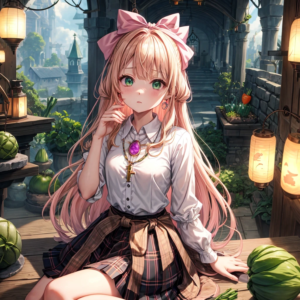 pink blonde、green eyes、one good looking girl、solo、anime、plaid mini skirt、the skirt has buttons、black camisole、black t-shirt、dress、wearing a ribbon、ribbon at waist、cloak、hood、clouds are swirling、stone slabs are piled up、one hand raised、crystal earrings、vegetable garden、monster castle、ceiling、golden key、jewelry necklace、Light and shadow、window、Hundreds of Ghosts at Night、lantern、sitting、legs crossed、mirror、Carrot、asparagus、tomato、green pepper、tunnel、clock、Stuck in the wall