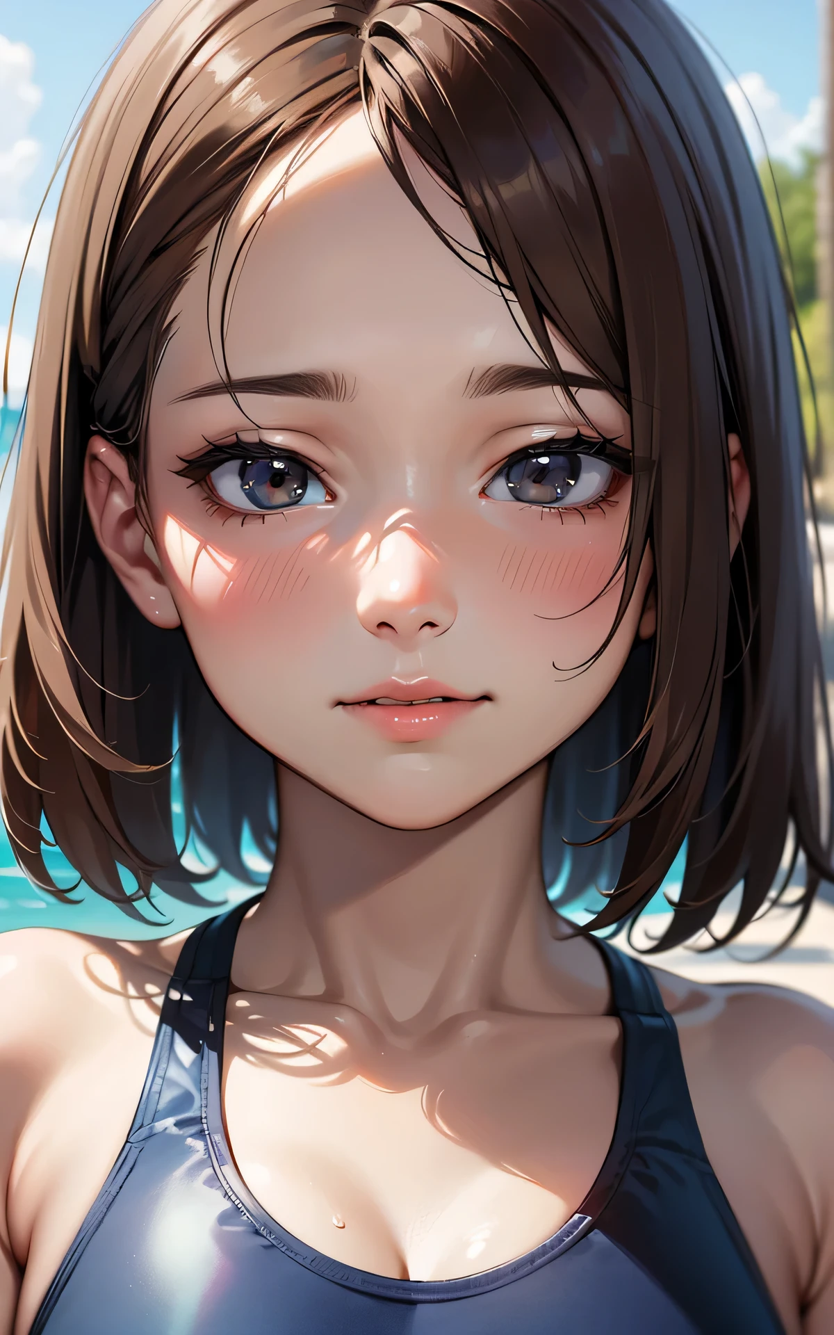 (((Highly detailed CG unit 8k wallpaper:1.2, masterpiece, High resolution:1.2, highest quality:1.2, table top))), ((very beautiful woman, Competitive swimsuit that shows off your toned style:1.6)), ((highly detailed face, Highly detailed black eyes, extra detailed body, highest qualityのリアルテクスチャスキン)), (black haired:1.2, short bob hair:1.2, white skin, smile), ((Alley without people, Mileland, school classroom:1.2)), (high angle:1.2, close, Fisheye:1.2), surreal, digital paint,