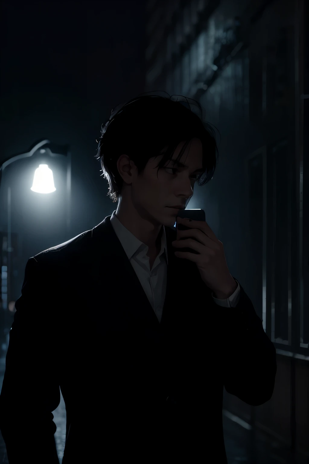 dim lights,rainy night,Man playing with mobile phone,The looming ghost behind you