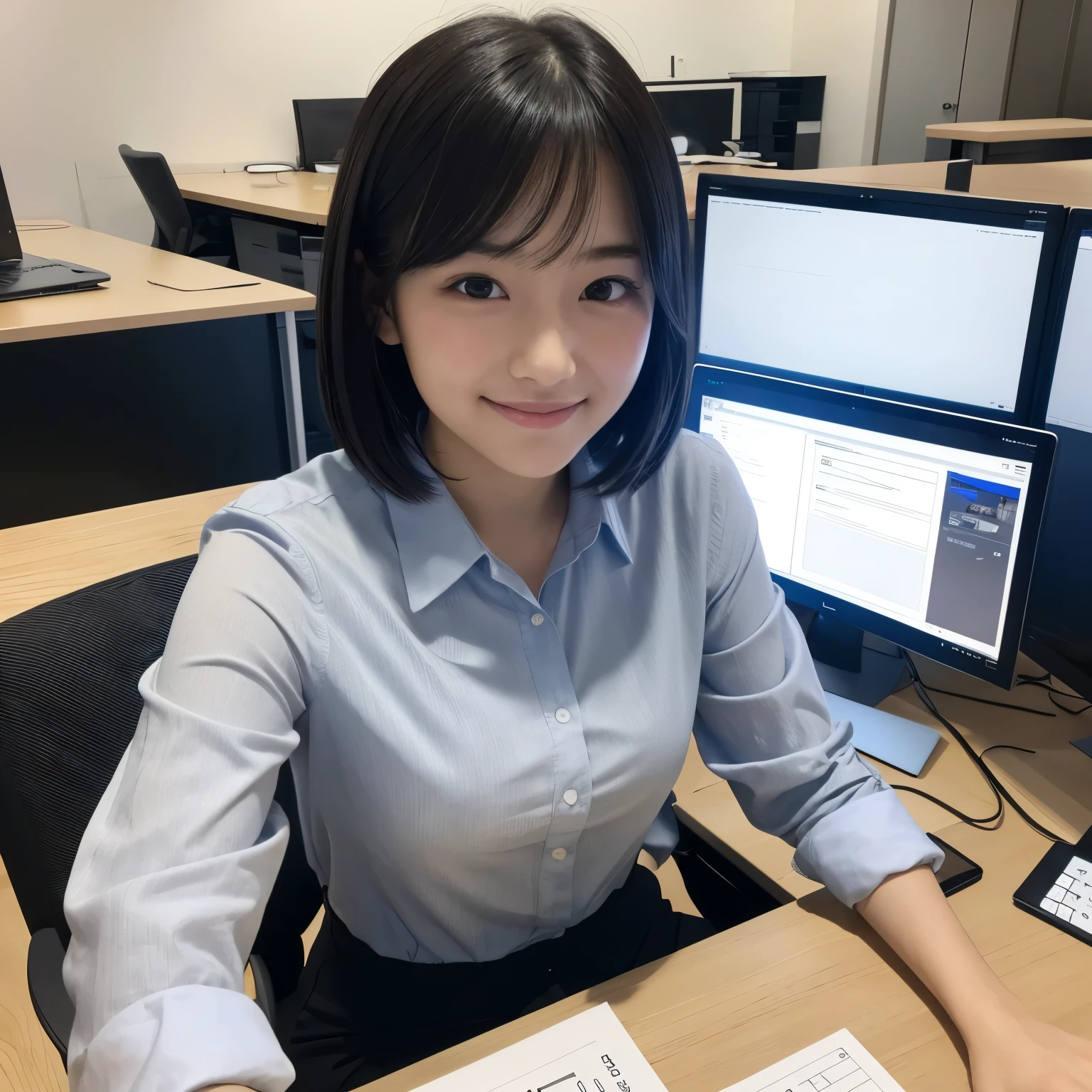 Best-quality, Masterpiece, Ultra-High-Resolution, (Photorealistic:1.4), Raw-Photo, at office, 1girl, 15-years-old, the most famous Japanese idol, selfie, sitting on business-chair, innocent-smile, extremely cute face, extremely beautiful big-black-eyes, extremely beautiful black-short-cut-hair,
detailed office, detailed business-desk, detailed PC, detailed multi-monitor