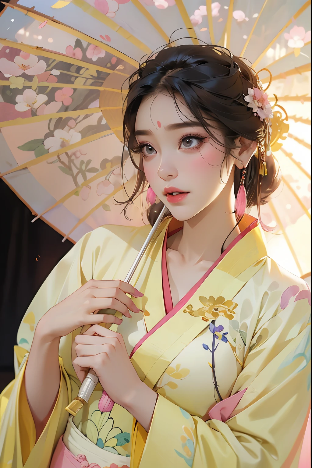 (araffe woman in a yellow hanfu with a pink umbrella, :1.5),Masterpiece, best quality,(Chinese style:1.3), (Hanfu:1.5),ahigh-definition,top quality,official art