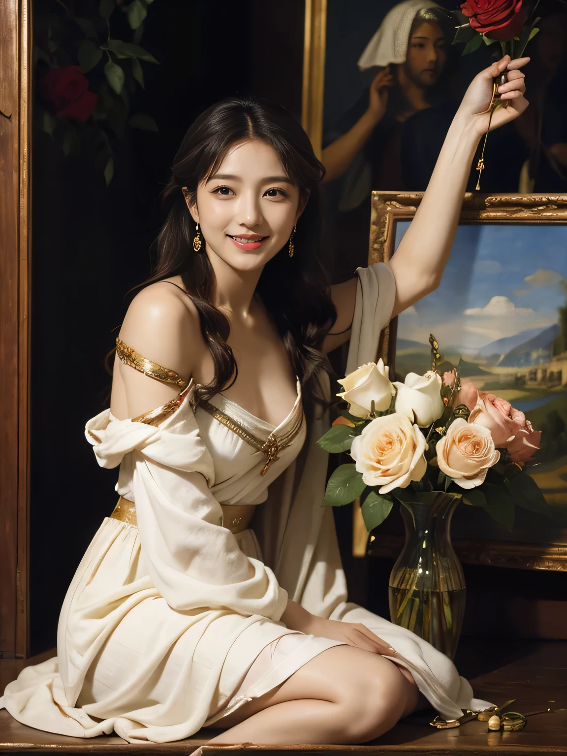 Giorgione painting style,Arguments of two female Philosophe,math、astronomical machine、astronaut、roses in vase、fruits、Cute trinkets、smile、ancient greek costume、Background is a forest lake at night 、Clothes that stretch your shoulders、A big smile、beautiful bare skin、A detailed representation of the seducing woman throughout her body.