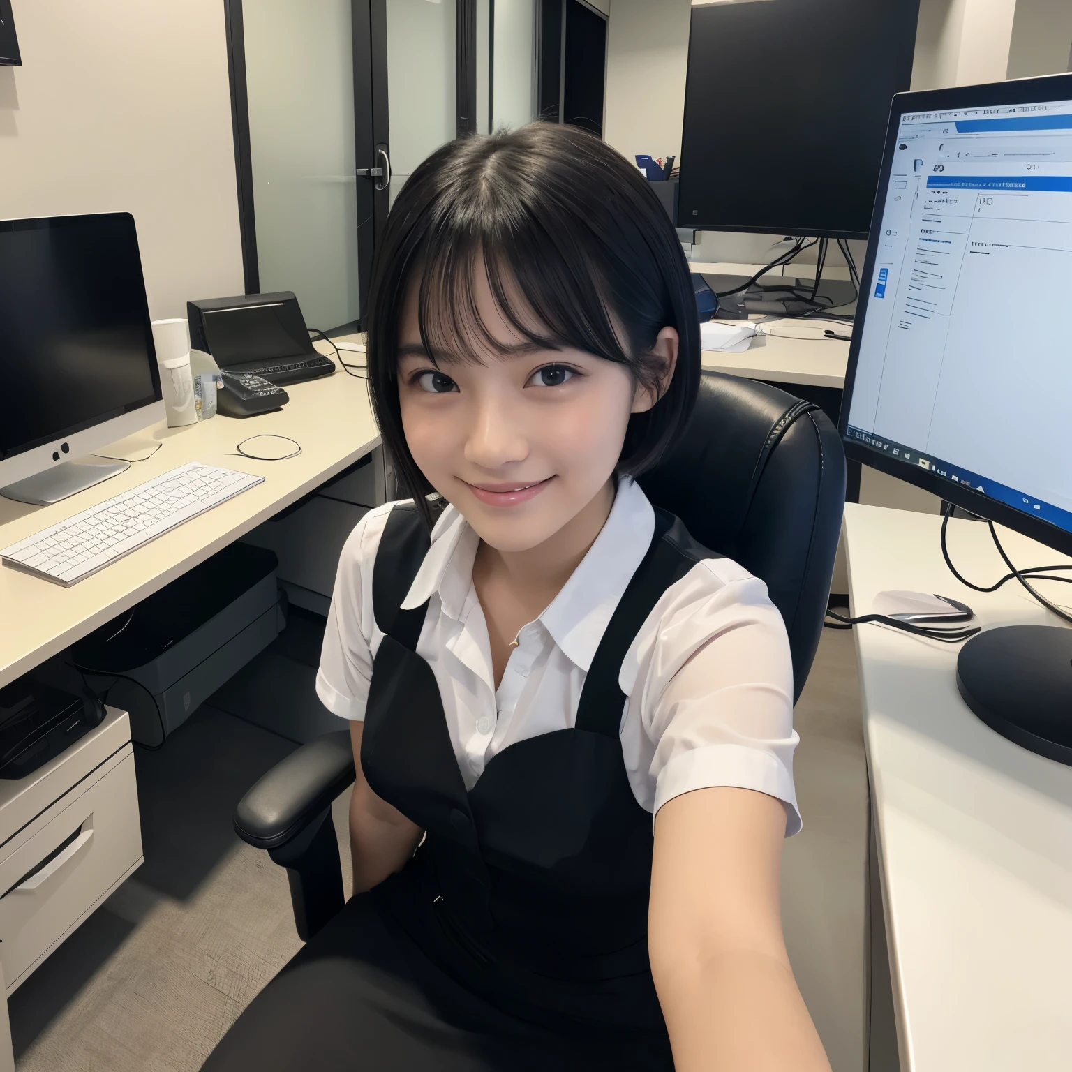 Best-quality, Masterpiece, Ultra-High-Resolution, (Photorealistic:1.4), Raw-Photo, at midnight, in office, 1girl, 15-years-old, the most famous Japanese idol, selfie, sitting on business-chair, innocent-smile, extremely cute face, extremely beautiful big-black-eyes, extremely beautiful black-short-cut-hair, 

detailed office, detailed business-desk, detailed PC, detailed multi-monitor