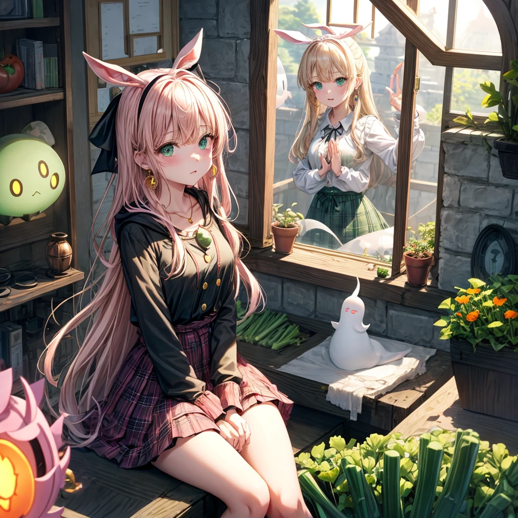 pink blonde、green eyes、one good looking girl、solo、anime、plaid mini skirt、the skirt has buttons、black camisole、black t-shirt、dress、wearing a ribbon、ribbon at waist、cloak、hood、clouds are swirling、stone slabs are piled up、one hand raised、crystal earrings、vegetable garden、monster castle、ceiling、golden key、jewelry necklace、Light and shadow、window、Hundreds of Ghosts at Night、lantern、sitting、legs crossed、mirror、Carrot、asparagus、tomato、green pepper、tunnel、clock、Stuck in the wall