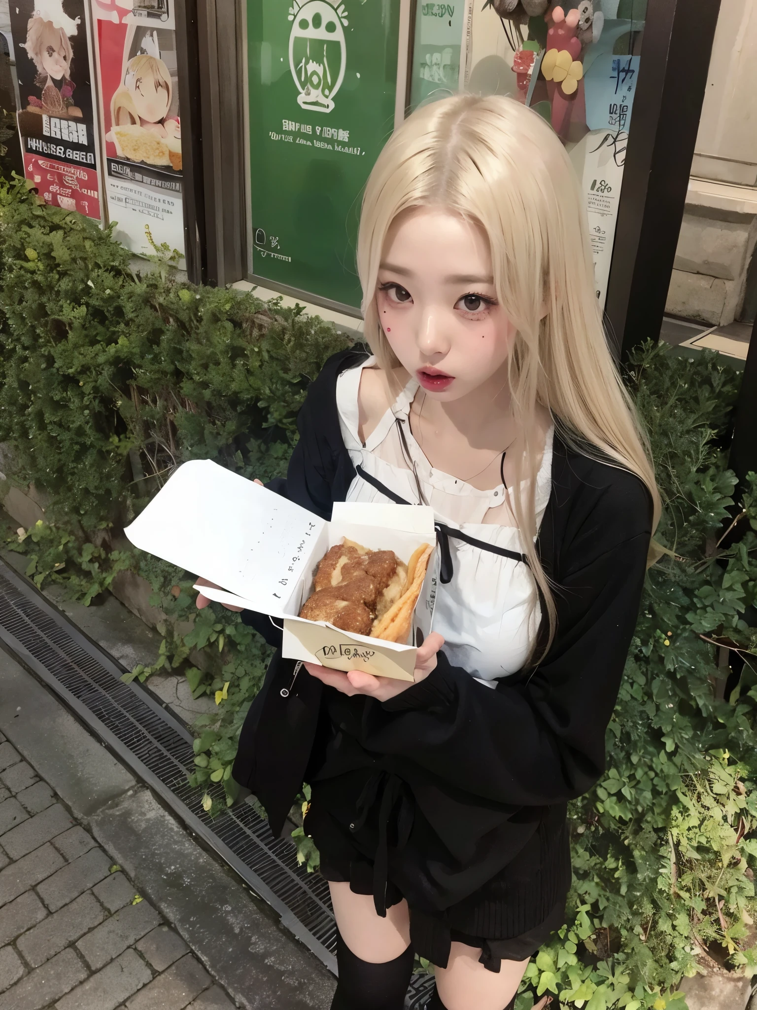 chica rubia con pelo largo sosteniendo una caja de comida en una acera, chica anime en la vida real, shikami, bella delfina, ulzzang, yami kawaii, japanese gyaru portrait, sakimichan, guweiz, mukbang, frente a la tienda de ramen, junko enoshima, misa amane *