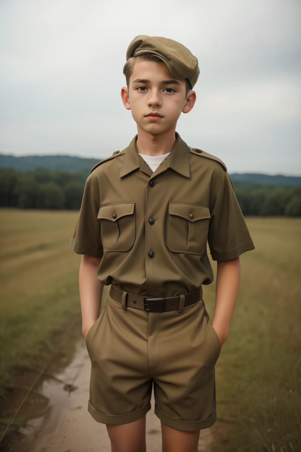 Molching, Germany, 1941. landscape view, ((((-yeld)) y Steiner)), very thin boy, athletic, bony legs, gangly eyes, ((covered in mud, dirty)), ((moody expression)). ((((clothings from the 1940s, boy youth uniform, shirt and shorts)))), ((light-blond hairstyle of the 1940s))