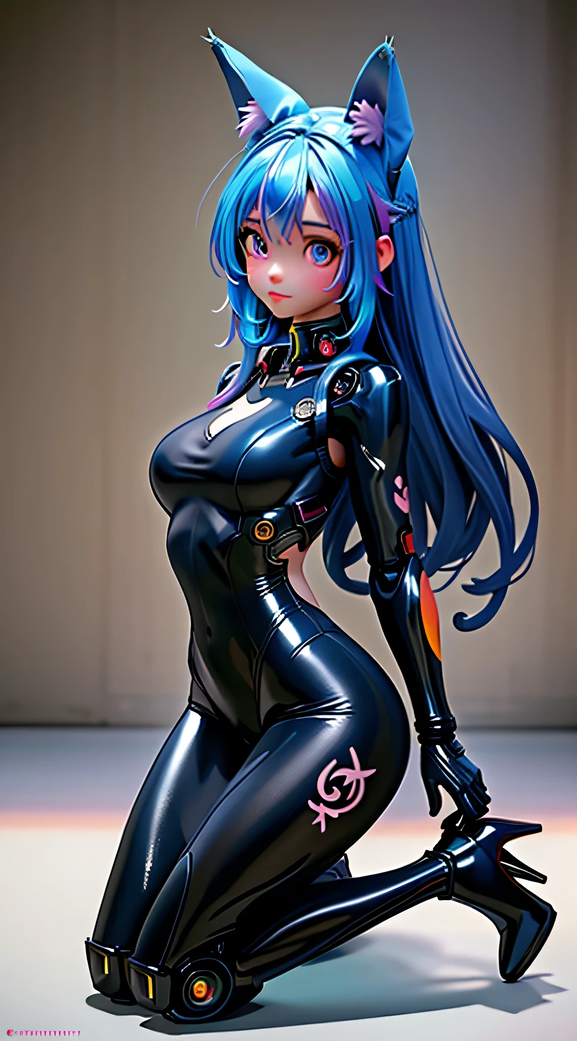 whole body, Beautiful girl in suit with cat ears (bodysuit) That&#39;s tight. medium breasts, sticky, multi-colored eyes,, multi color hair, 2 girls, 8k resolution delivers perfect images,Mecha,halfway,wear high heel shoes