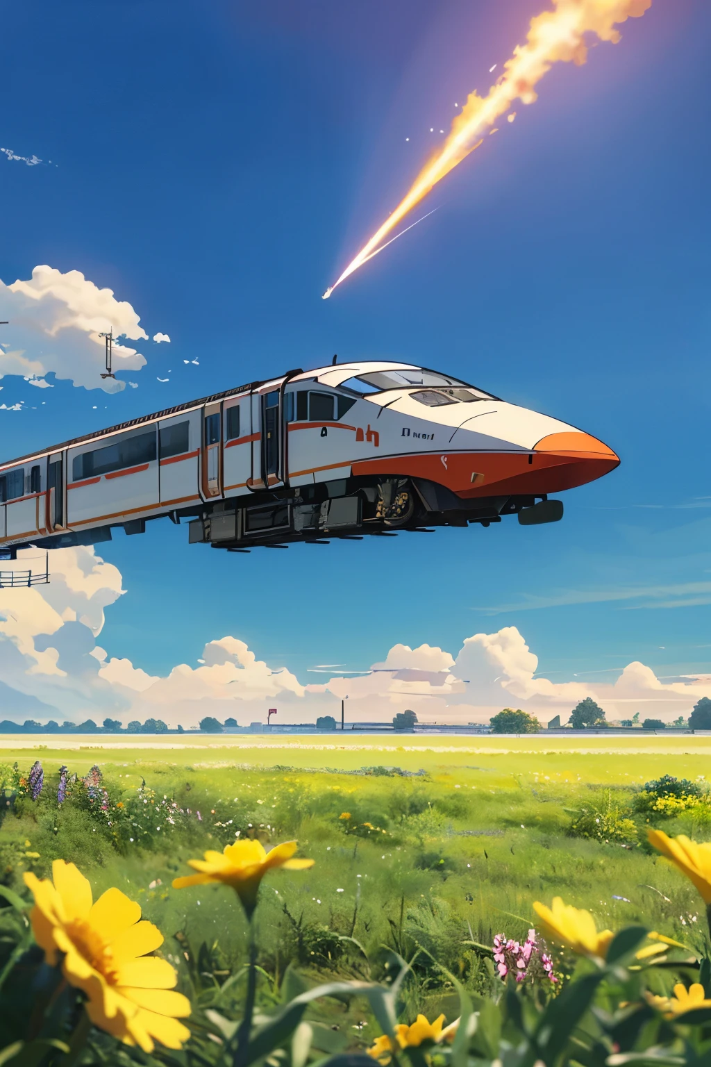 The grassland is full of flowers, and the high-speed train comes from far and near. The sun shines golden from among the clouds, and a rocket flies in the sky. --auto --s2
