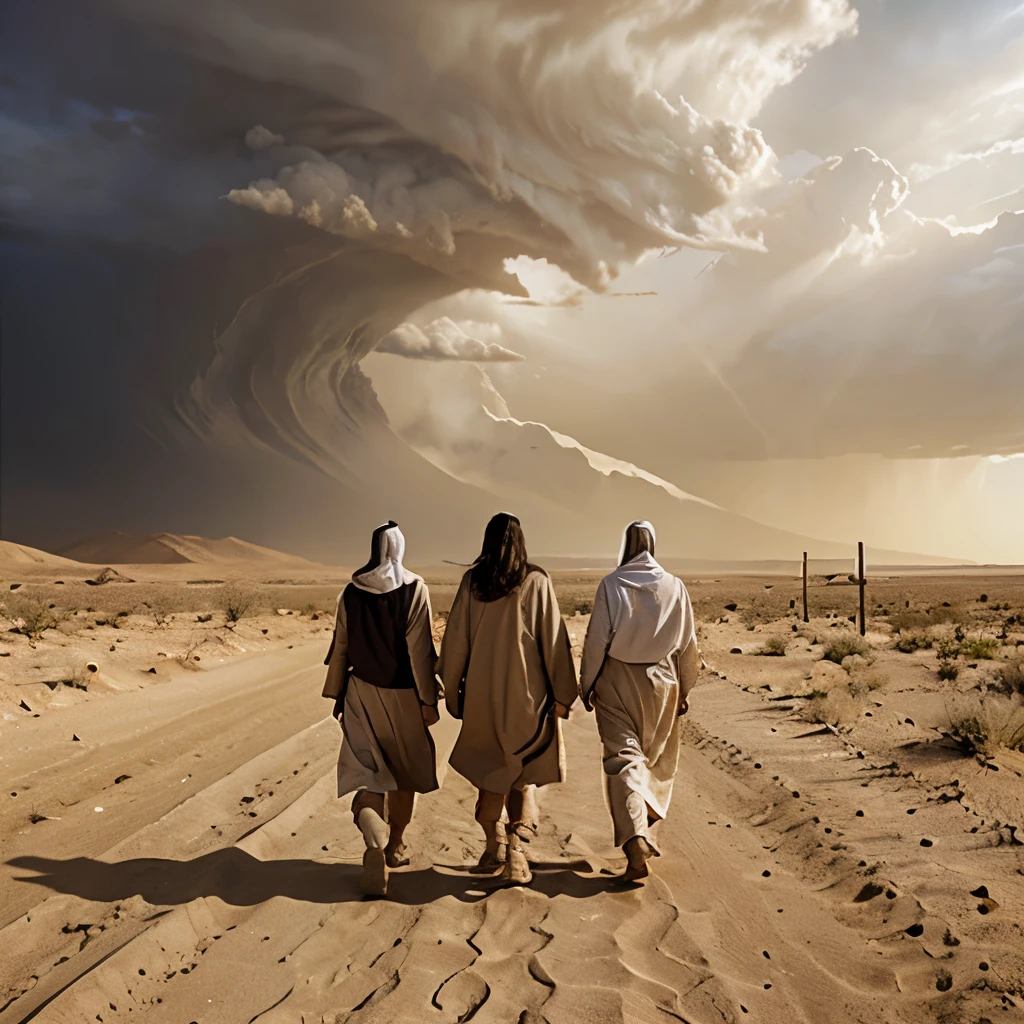 Jesus Disciples in a desert walking to with a sandstorm ahead and storm in the distance