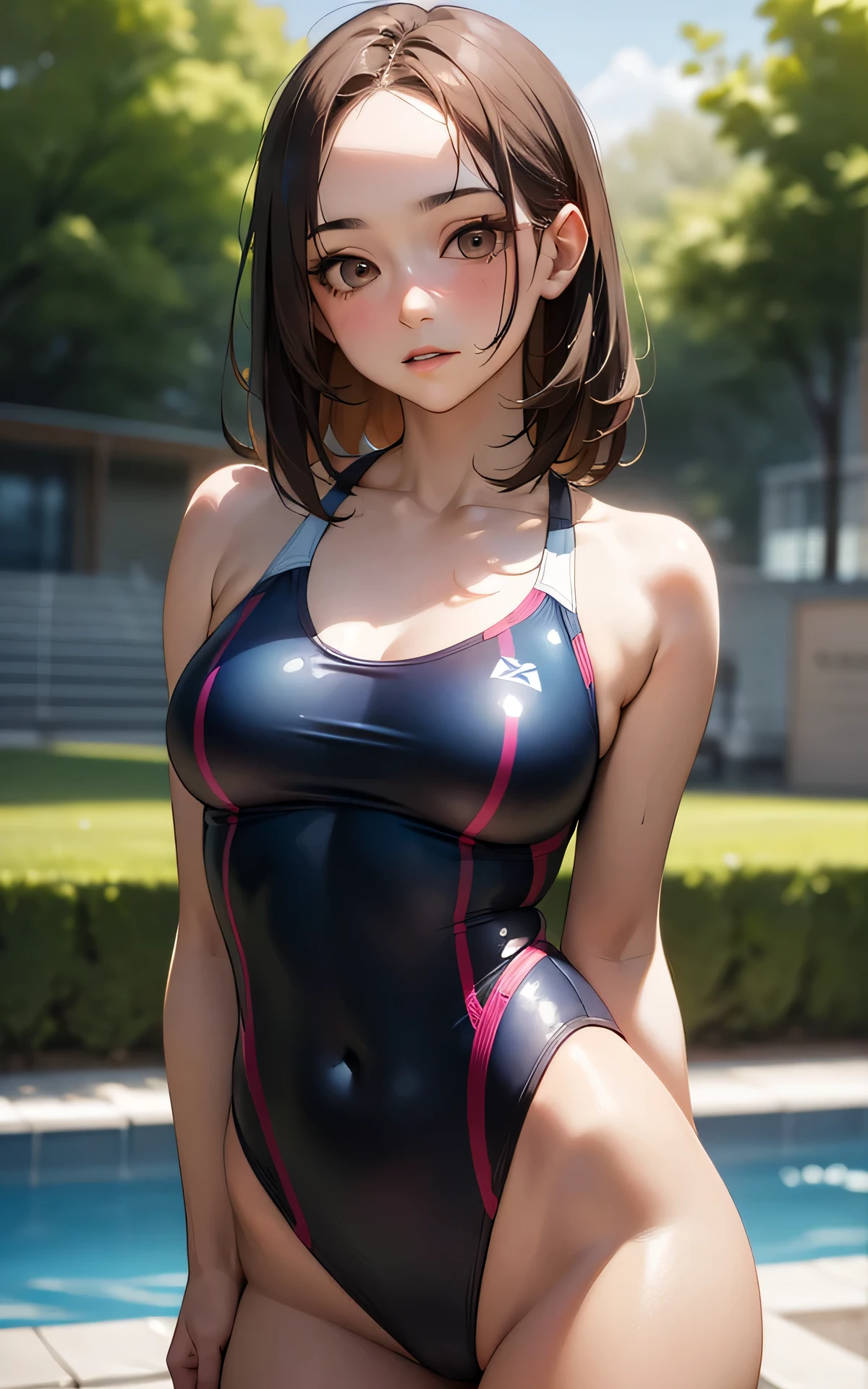 absurderes:2.0、(racing swimsuit)、realistic, Unity 8K Wallpaper, Masterpiece, Realistic face, Realistic skin feeling ,detailed hair, highly detailed, realistic glistening skin, Cute Girl, Perfect face, charming face, Glossy skin, forehead,(cowboy shot), embarrassed, light brown hair、outdoor
