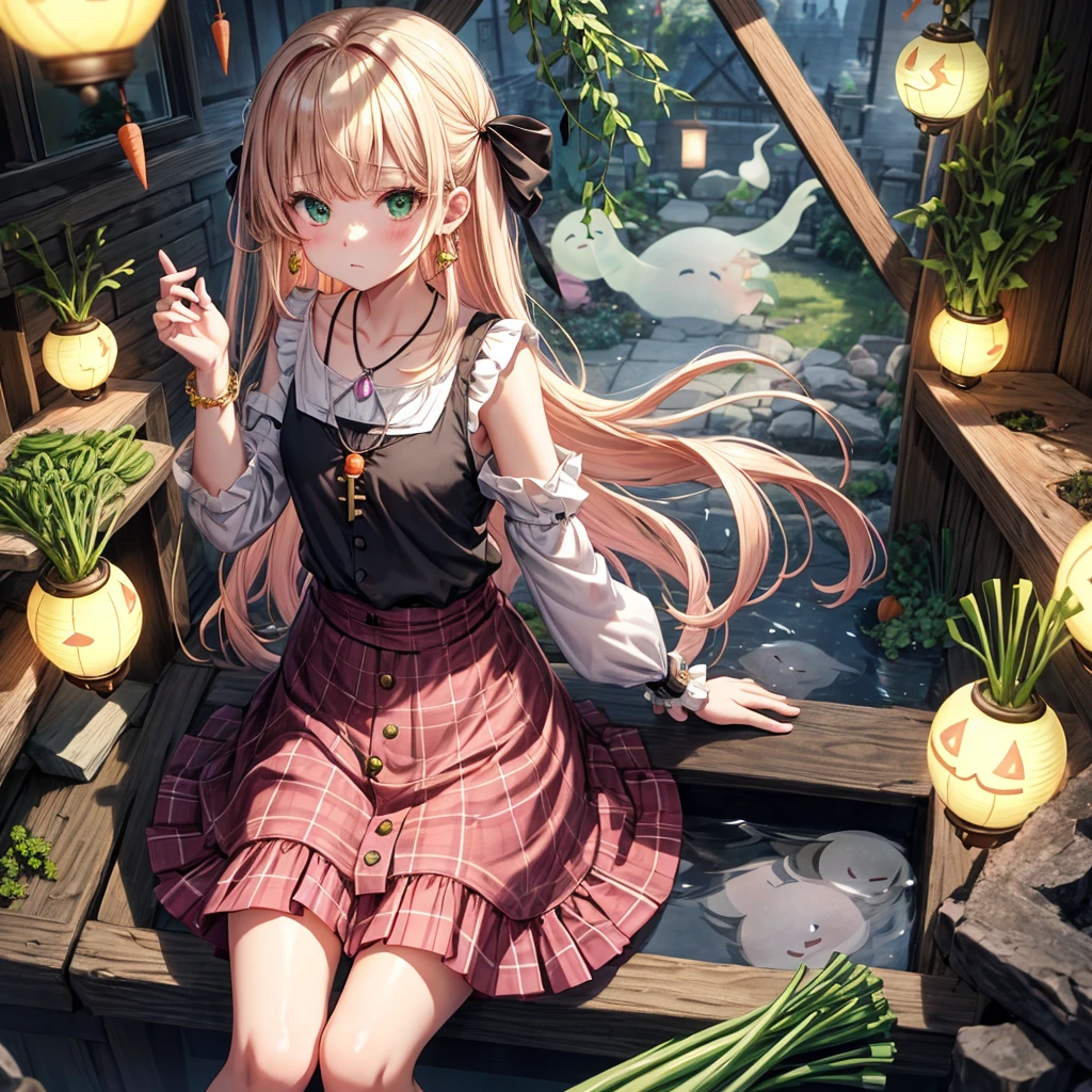 pink blonde、green eyes、one good looking girl、solo、anime、plaid mini skirt、the skirt has buttons、black camisole、black t-shirt、dress、wearing a ribbon、ribbon at waist、cloak、hood、clouds are swirling、stone slabs are piled up、one hand raised、crystal earrings、vegetable garden、monster castle、ceiling、golden key、jewelry necklace、Light and shadow、window、Hundreds of Ghosts at Night、lantern、sitting、legs crossed、mirror、Carrot、asparagus、tomato、green pepper、tunnel、clock、Stuck in the wall、tail