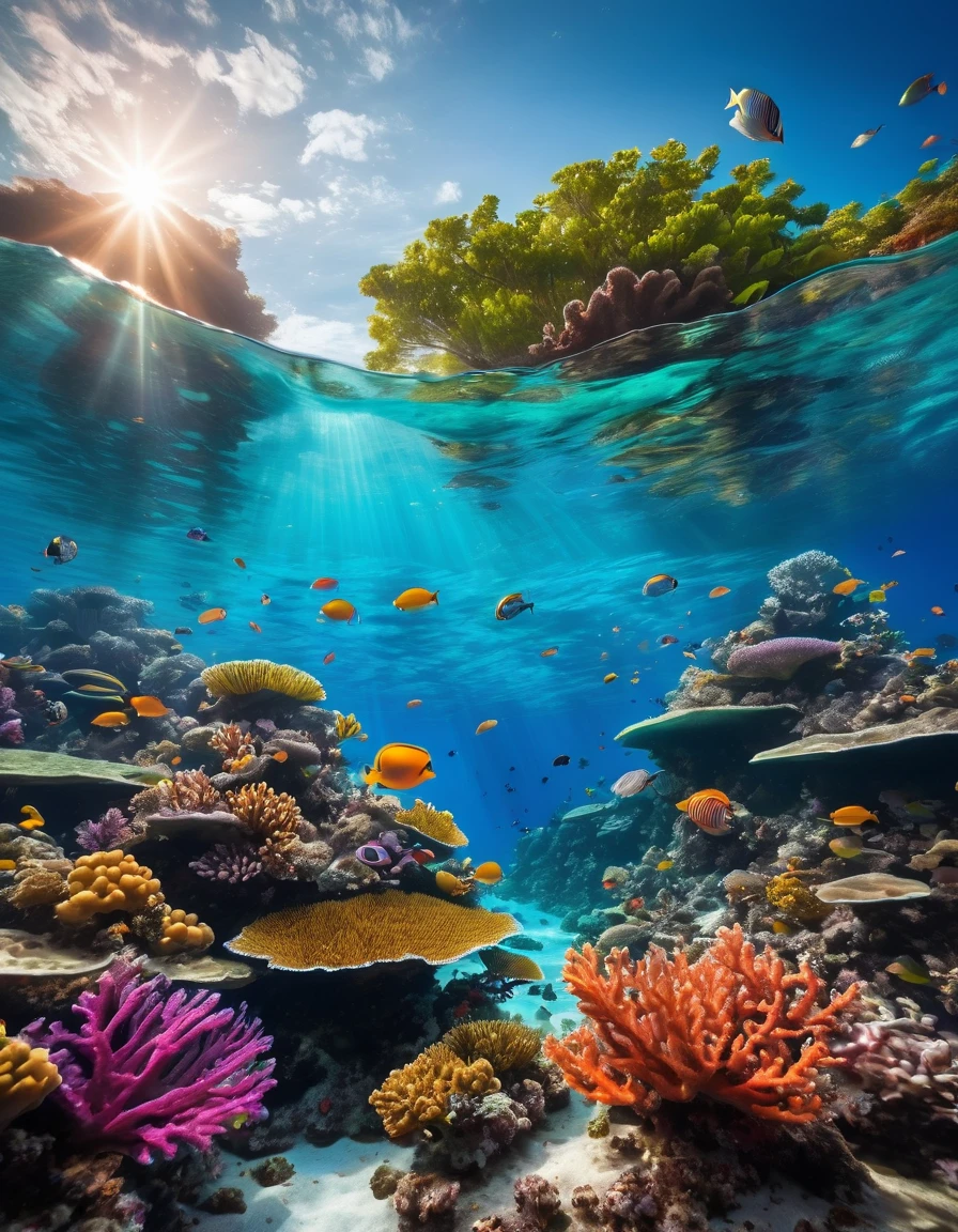 An underwater landscape showcasing marine fauna and flora with a remarkable Tyndall effect, where light diffuses through the crystal-clear waters, illuminating colorful corals and marine creatures