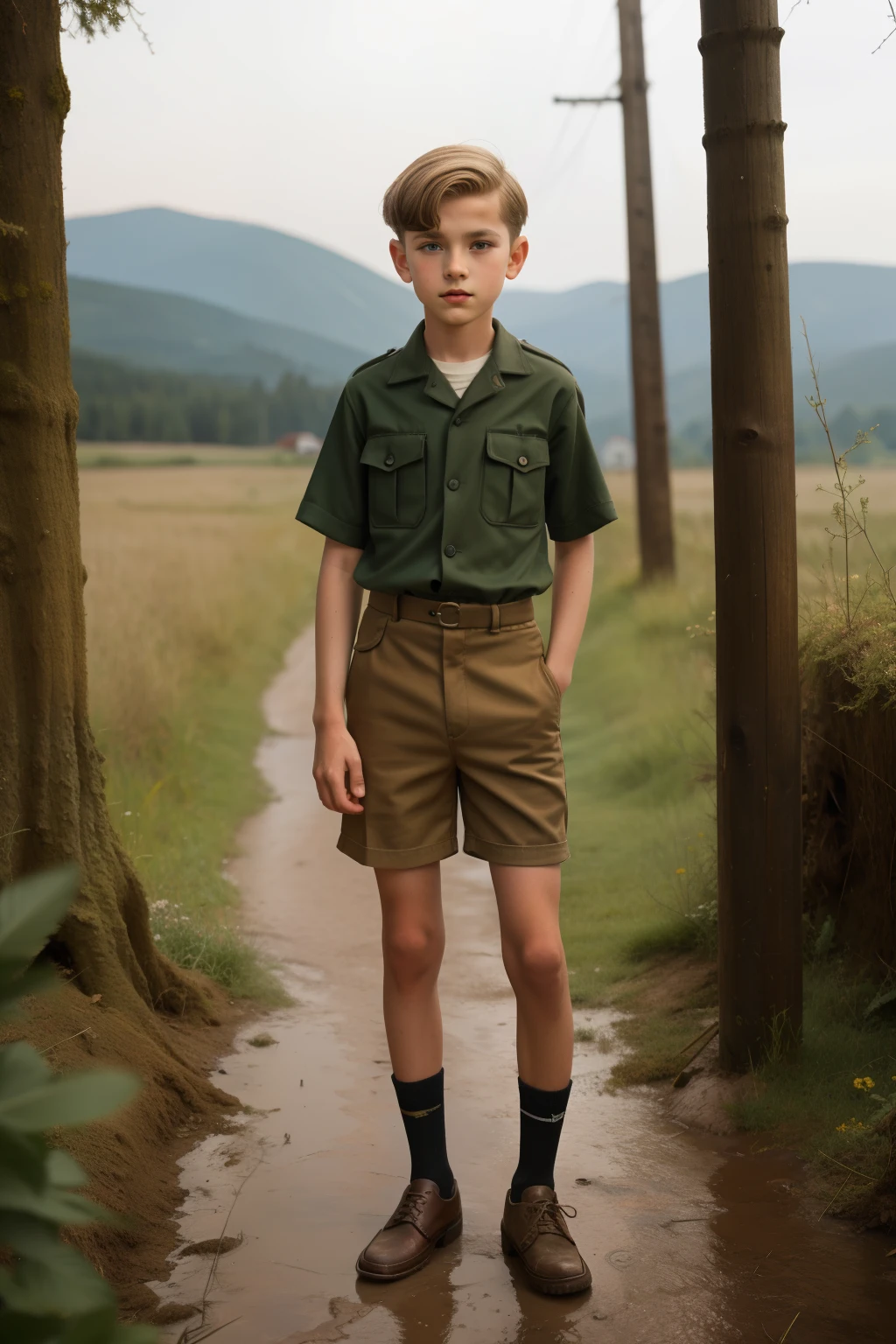 Molching, Germany, 1941. landscape view, ((((-yeld)) y Steiner)), very thin boy, athletic, bony legs, gangly eyes, ((covered in mud, dirty)), ((moody expression)). ((((clothings from the 1940s, boy youth uniform, shirt and shorts)))), ((light-blond hairstyle of the 1940s))