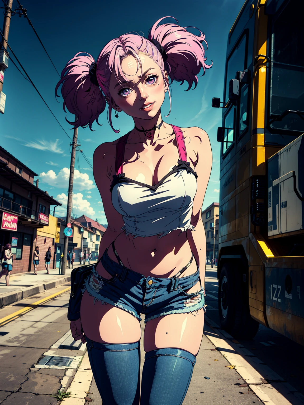 8K, top-quality, realisitic, Photorealsitic, solo, 1 rapariga, optic, masterpiece, Funny face, cute eye,(A smile:1.2), (black and twintail hair:1.3), shinny hair、depth of fields, slenderbody, (Pink camisole:1.3)、a navel、Inter-strands、(ripped denim shorts:1.3)、(Her shorts are unbuttoned)、 hart-shaped kinky tattoo、Raw feet、Street、thighs thighs thighs thighs, an legs, City Background, (hason, lower abdom: 1.6),(heavy wind:1.4),(cloudiness:1.2), 、(crotch seam:1.3)、(chick:1.2)、(:1.3)、(Cheeky little:1.3)、red eyes、(Tsurime:1.3)、mole under right eye、She is showing her double teeth (masterpiece), best quality, ultra-detailed, 1024k UHD wallpaper, ultra-high resolution, depth of field, HDR, Ray tracing, RTX, high saturation, high contrast, photon mapping, best texture quality, best compotitiontremely detailed CG 1024k wallpaper), Ultra HD, Perfect Face, Perfect Anatomy, Perfect hand, Perfect Finger, (Full body),