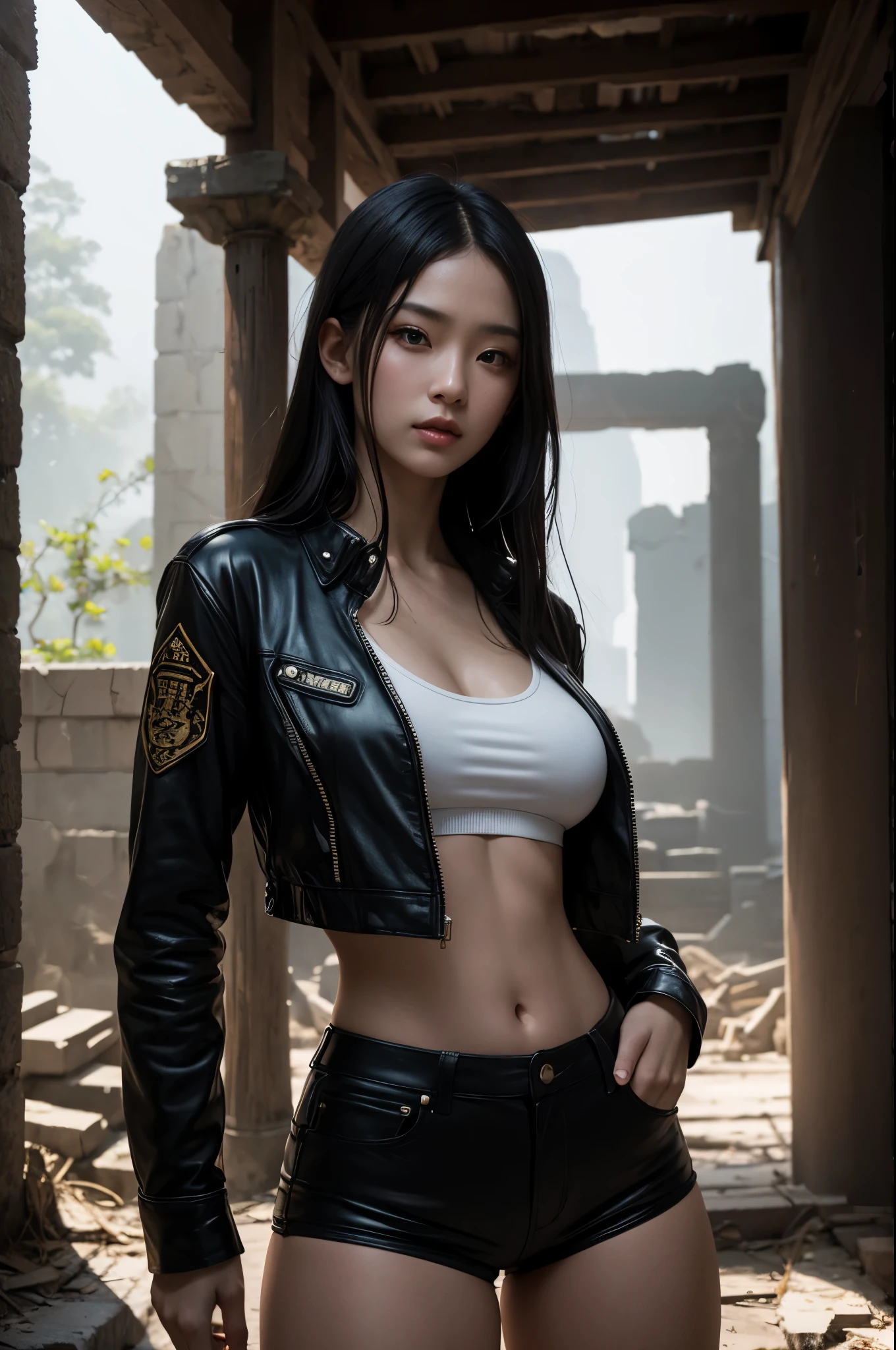 8K,Twin sister wearing casual clothes,Super beautiful(like the real thing),My sister is short and has a glamorous figure.,big breasts,black combat jacket,sexy,luxury white shirt,black combat shorts,sharp eyes,black eyes,grim expression,masterpiece,Photorealistic RAW photos of the highest quality。bright colors,rich colors, Backlight, cinematic lighting, film grain, to be born, 50mm lens, Nikon D850,detailed character art,fantasy art,ultra high resolution,super realistic skin,Perfect hand shape,In front of the abandoned temple,beautiful expression,dynamic pose,fighting pose,