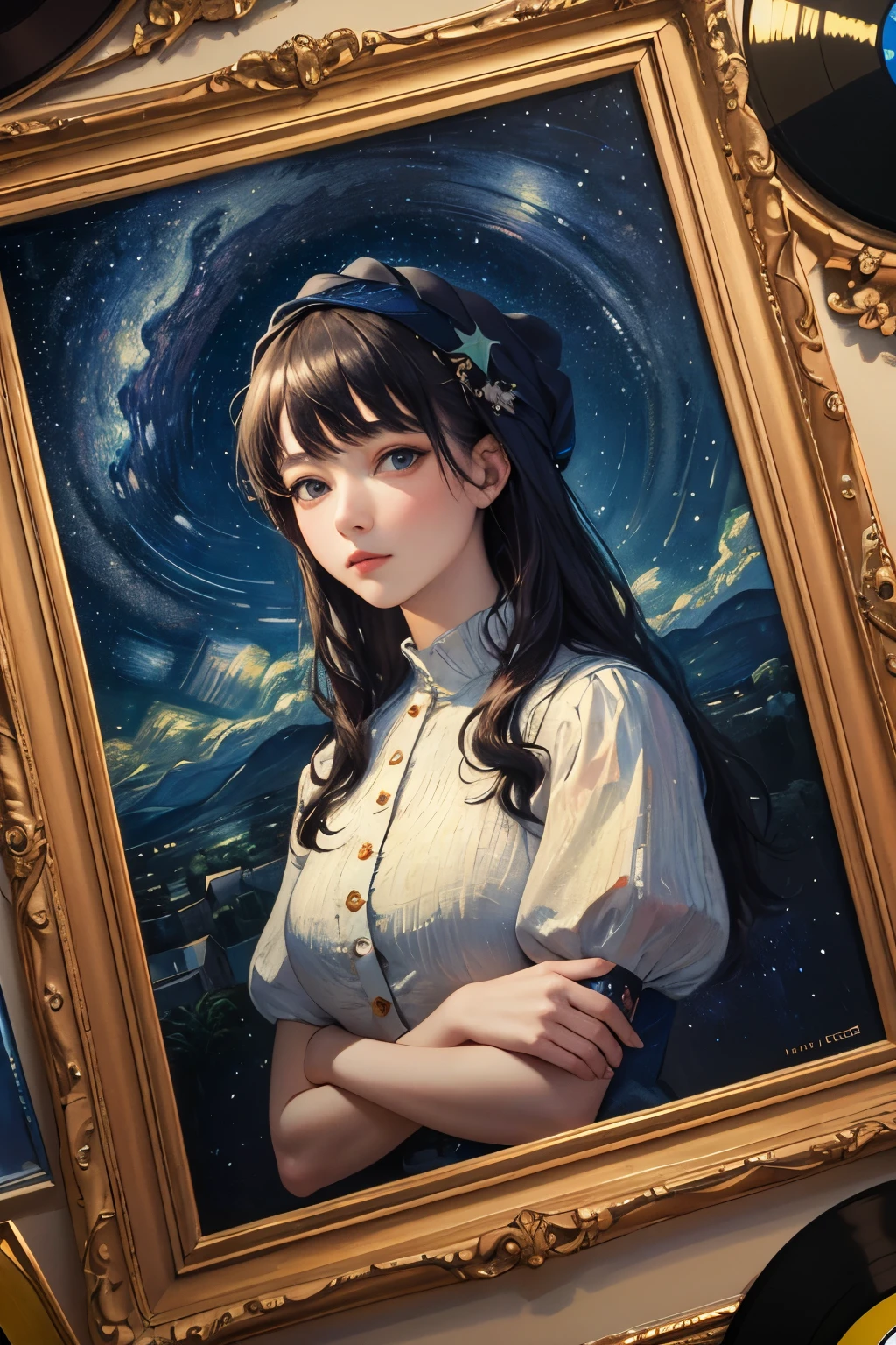 Surrealism, high detail, light, Ray tracing, perspective, Shoot at eye level, Ultra high quality, masterpiece, 4k, best quality, van gogh, starry sky, Vinyl records merge into paintings